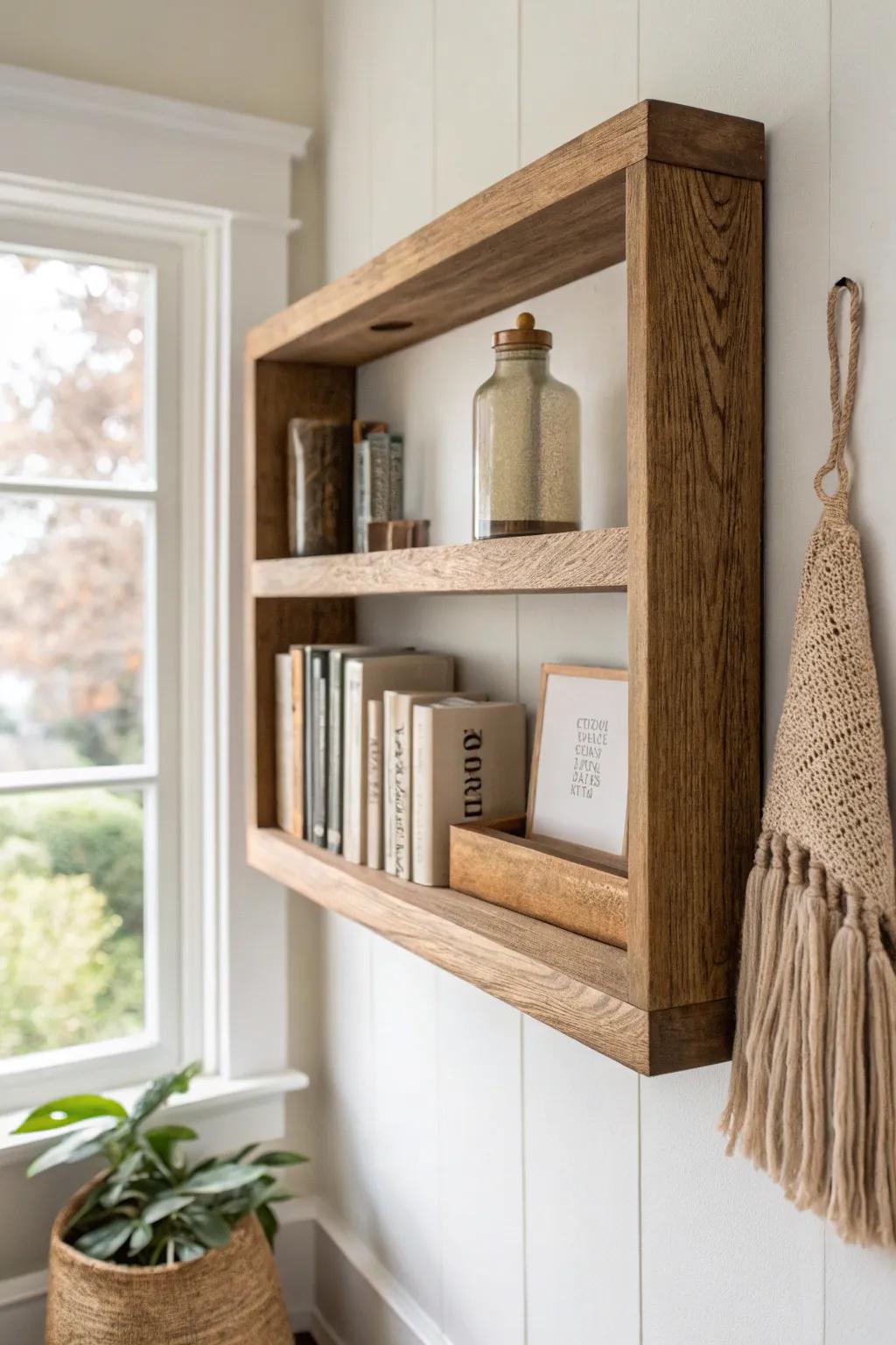 Mid-century nursery upgrade: a handcrafted floating wood shelf to display board books beautifully.