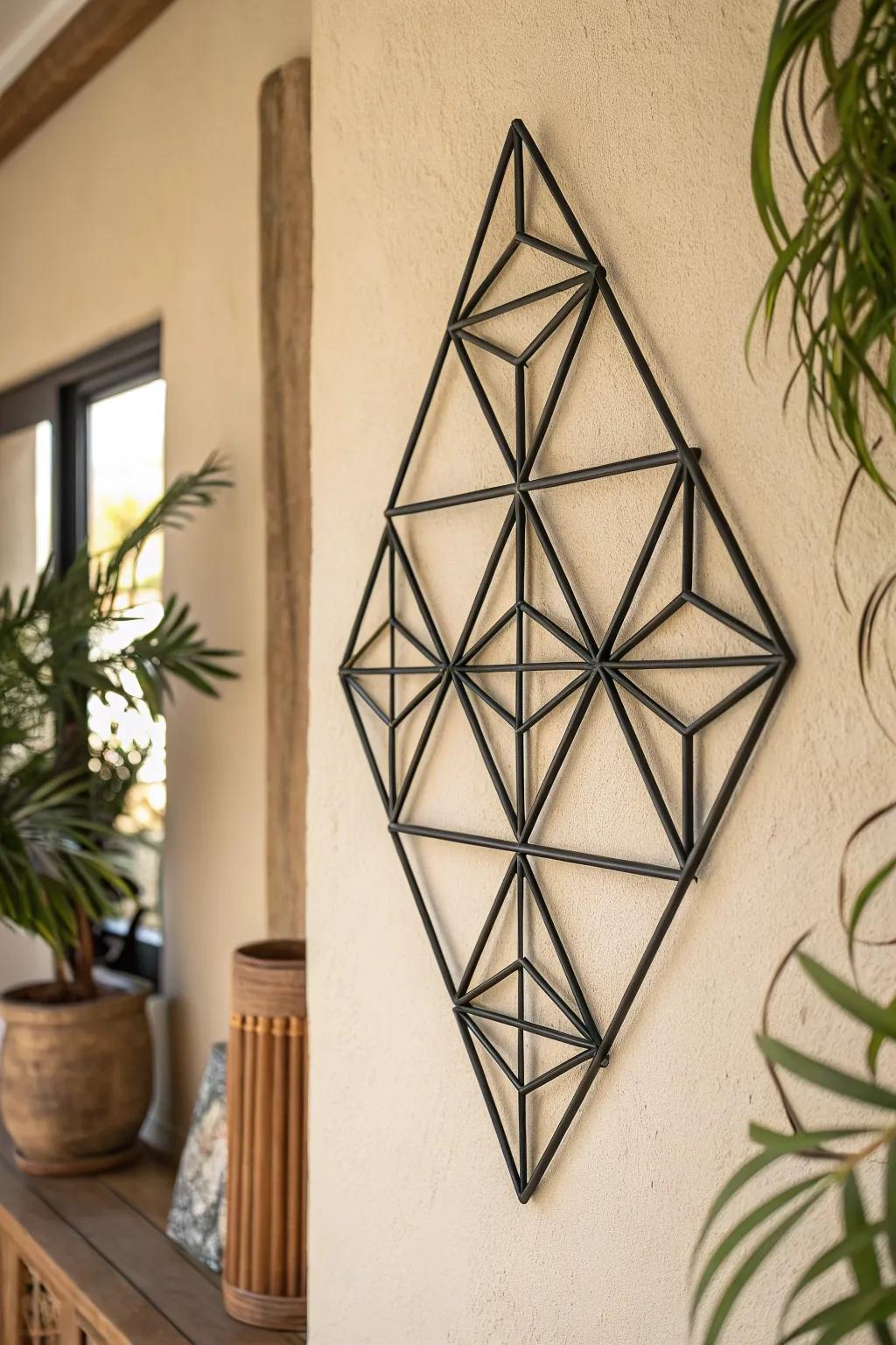 Geometric metal wall sculpture adds mid-century drama against a calm wall above warm walnut.