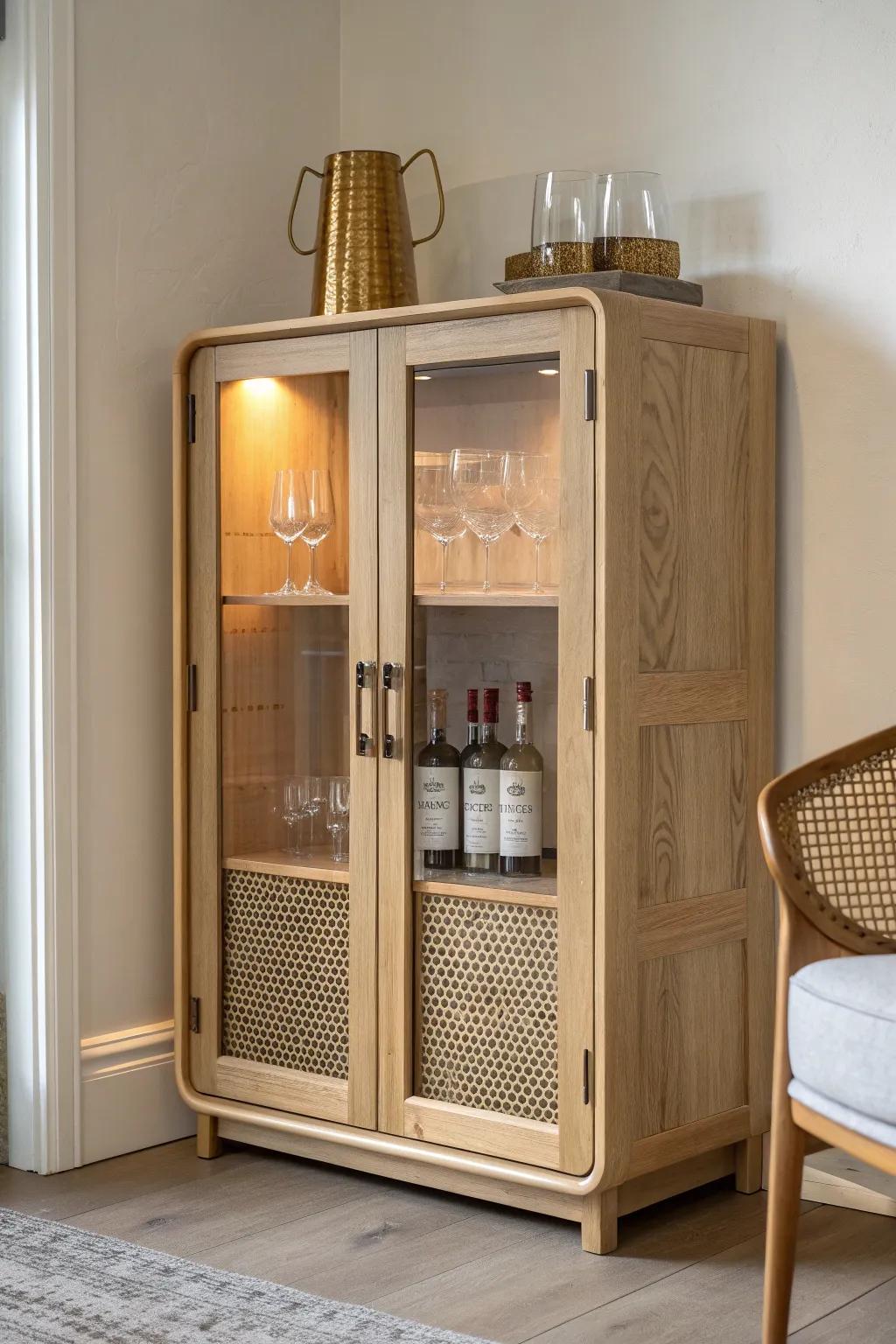 Glass-front mini bar cabinet with warm lighting—turn bottles and glassware into decor.