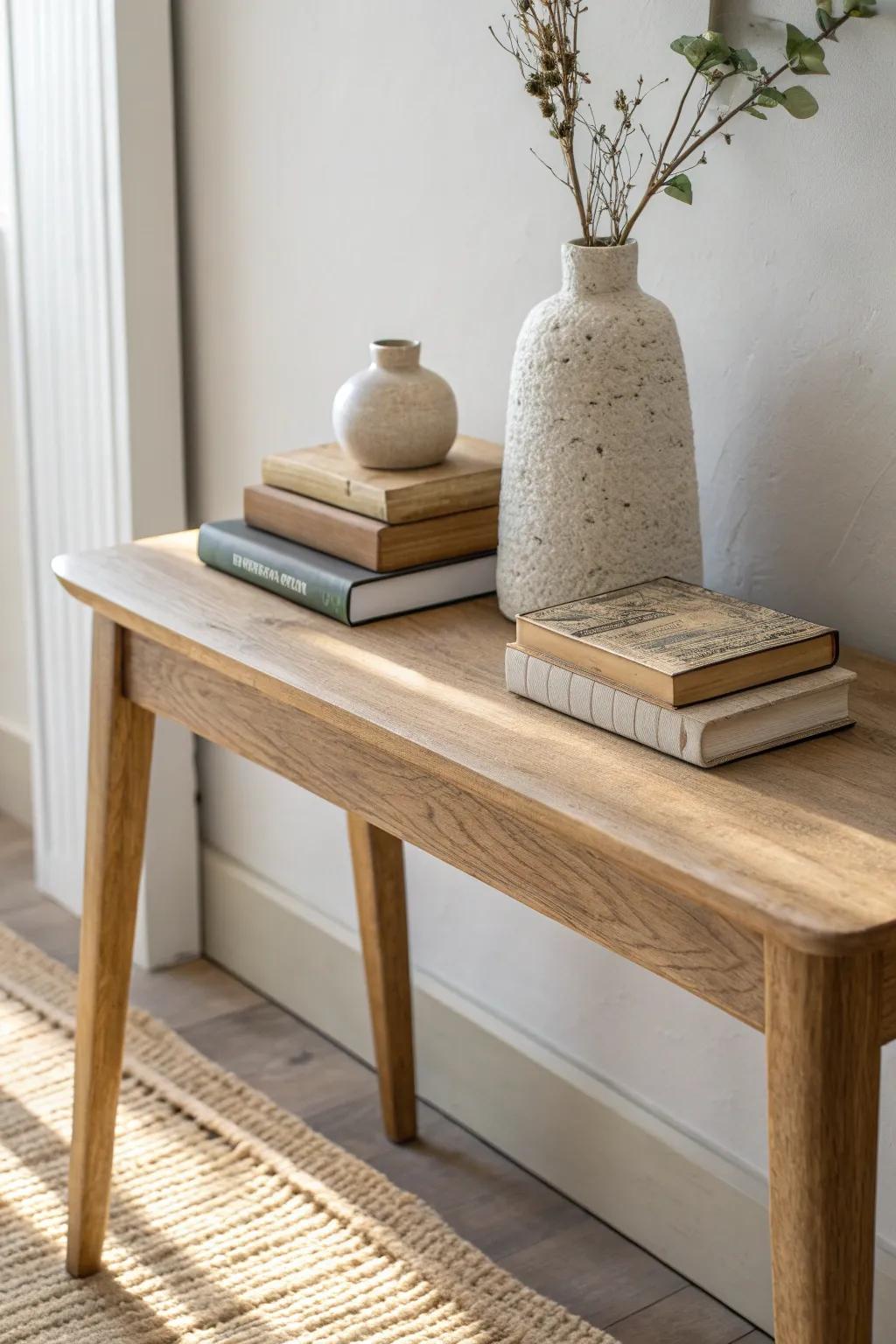 Two-book stack trick: lift one simple vase for clean, minimalist console table height.