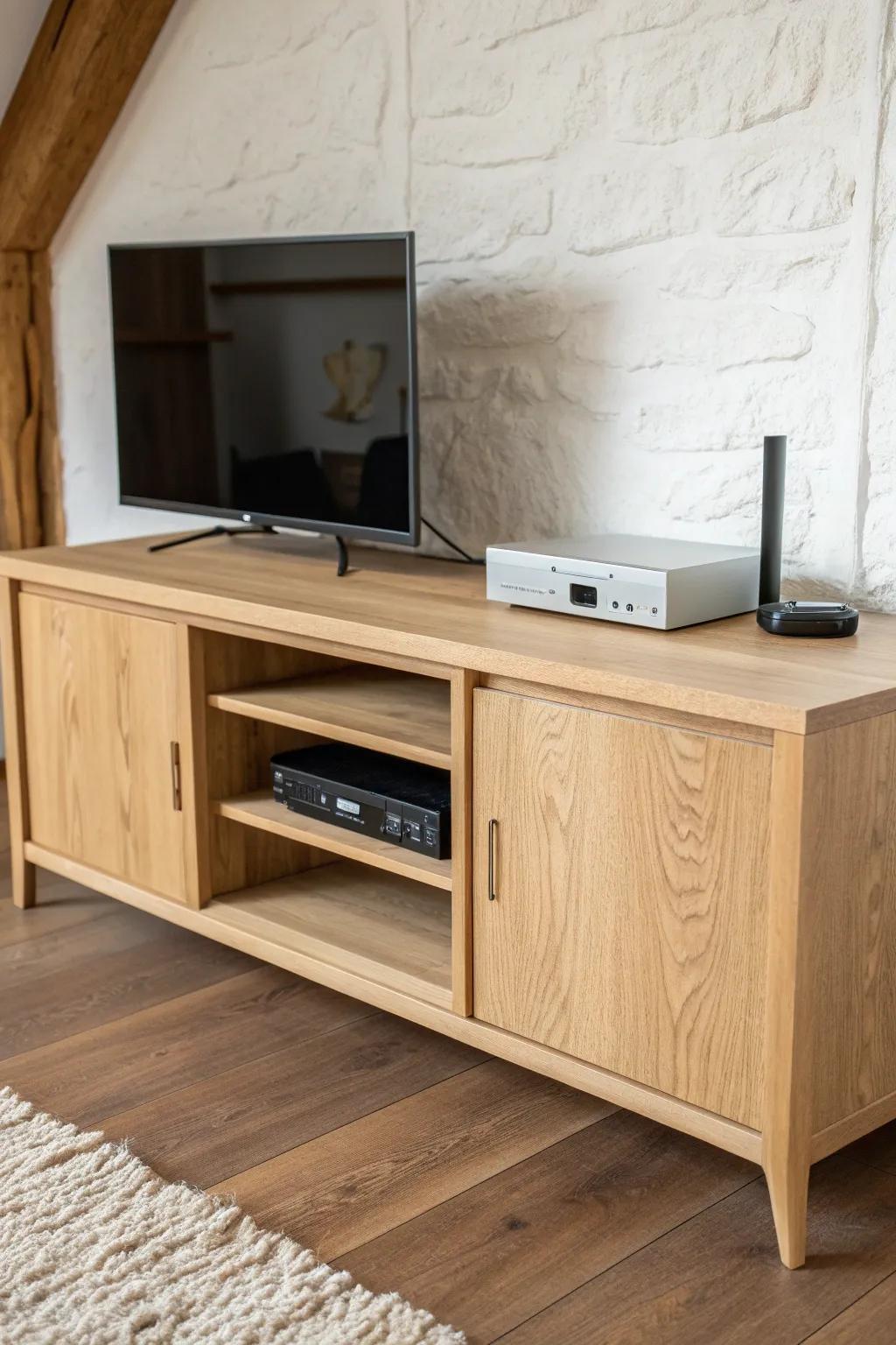 Clean oak TV stand with a single open cubby and sleek cable pass-through—minimal, calm, practical.