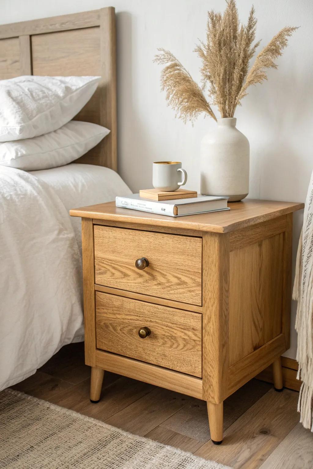 Make mismatched nightstands feel intentional—match the hardware finish for instant harmony.
