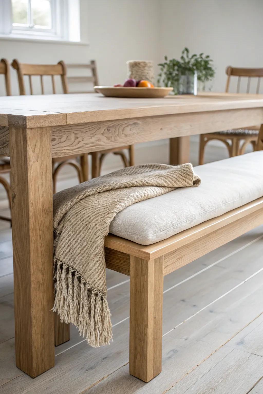 Bench on one side, chairs on the other—effortless mix-and-match seating with warm wood charm.