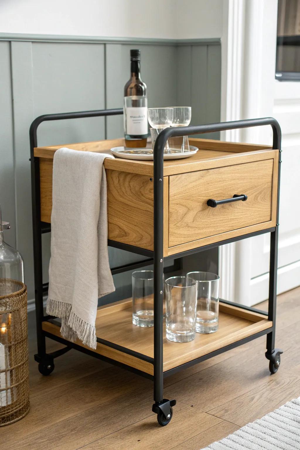 Warm oak meets matte-black pipework—an industrial mobile bar with Scandinavian calm.