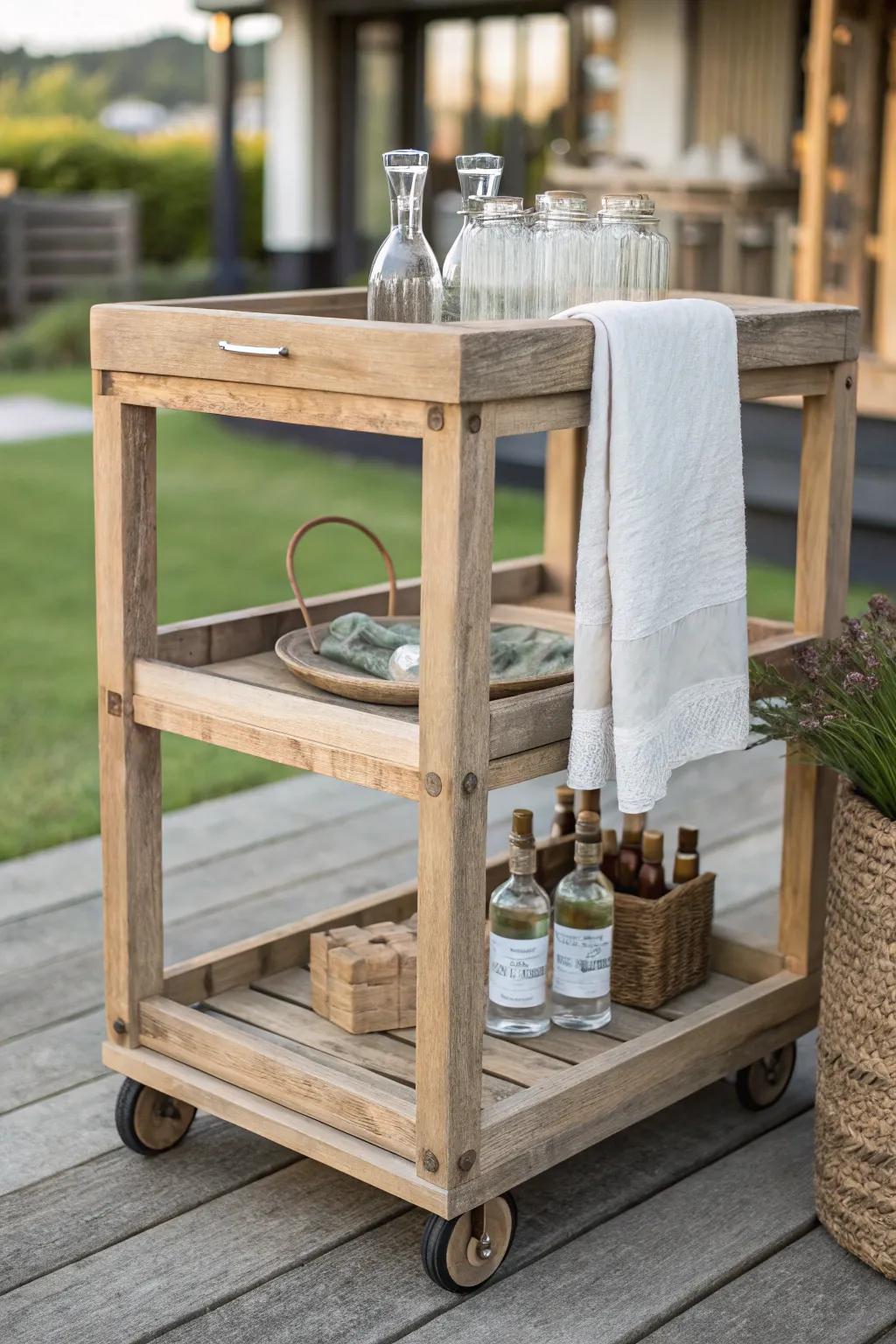 Garden-party drink trolley with big wheels—crafted from reclaimed wood for effortless rolling.