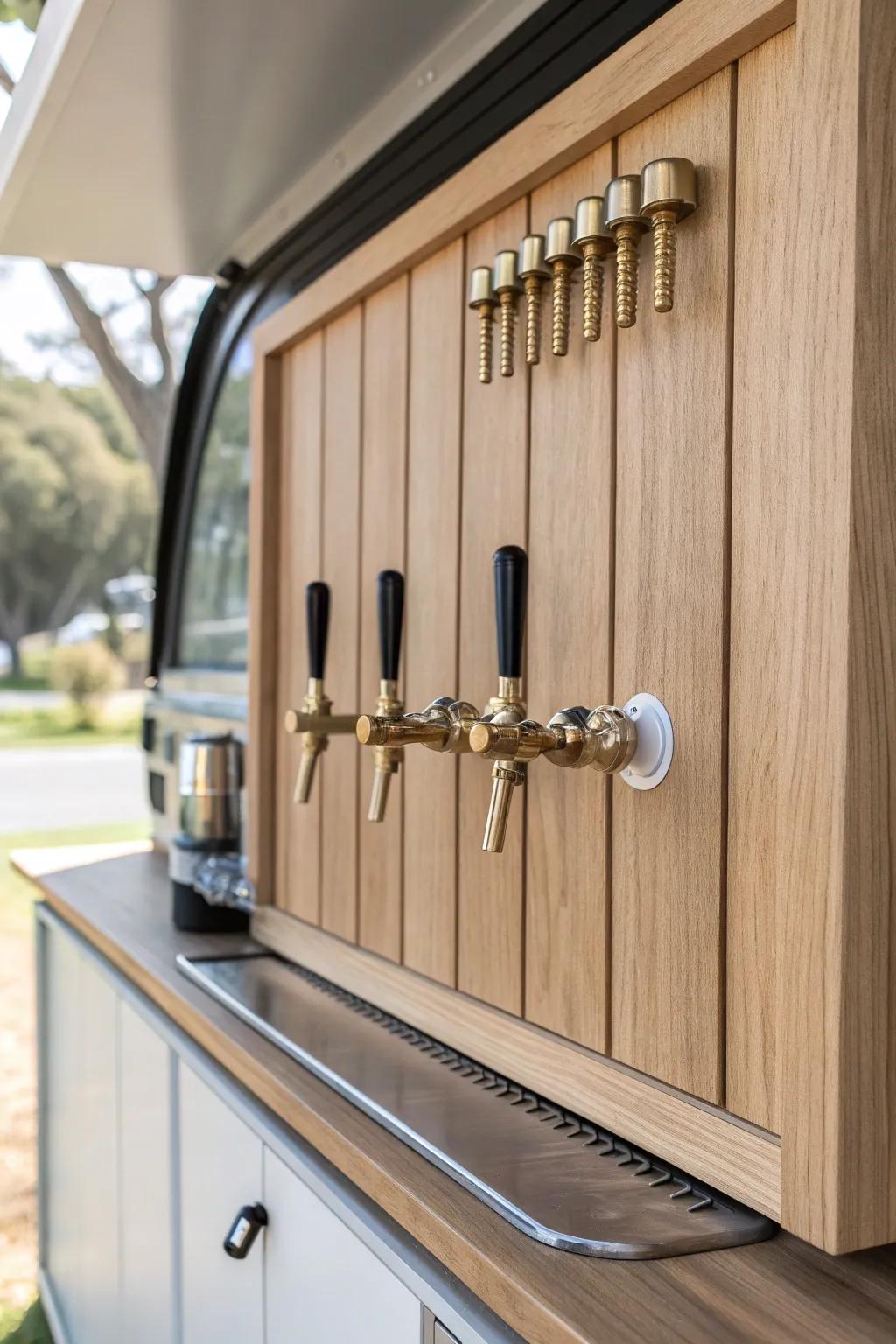 Clean oak tap wall with invisible access door and hidden, ventilated keg storage.