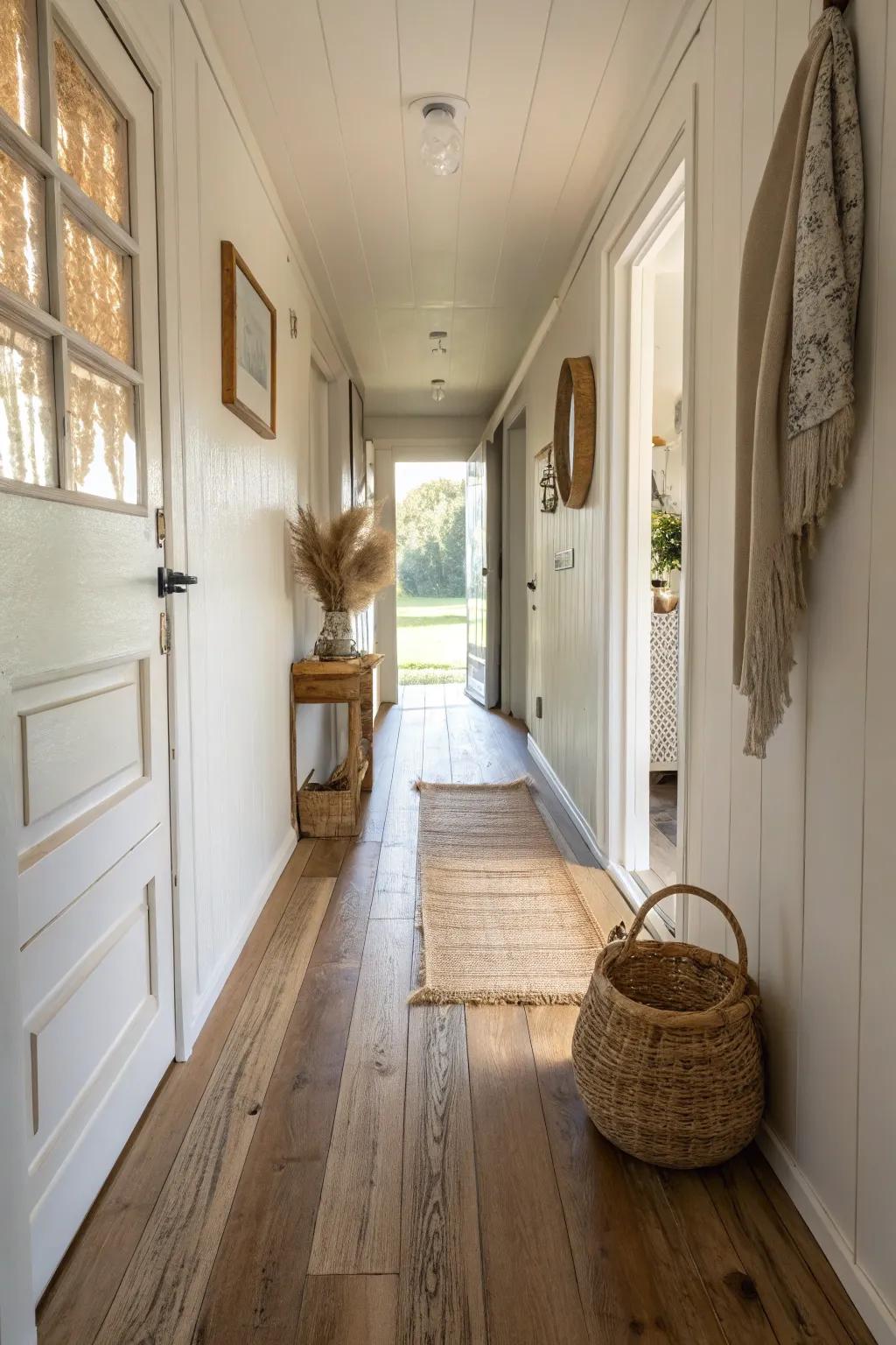 Lengthwise planks stretch a mobile home hallway, making it feel longer, brighter, and calm.