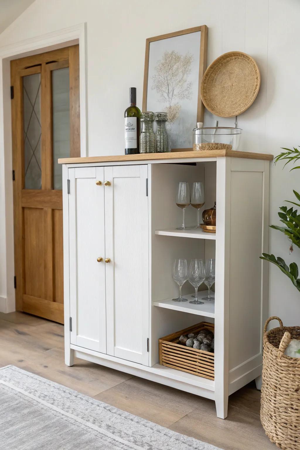 Modern farmhouse two-tone bar cabinet: matte painted base with a warm natural wood top.