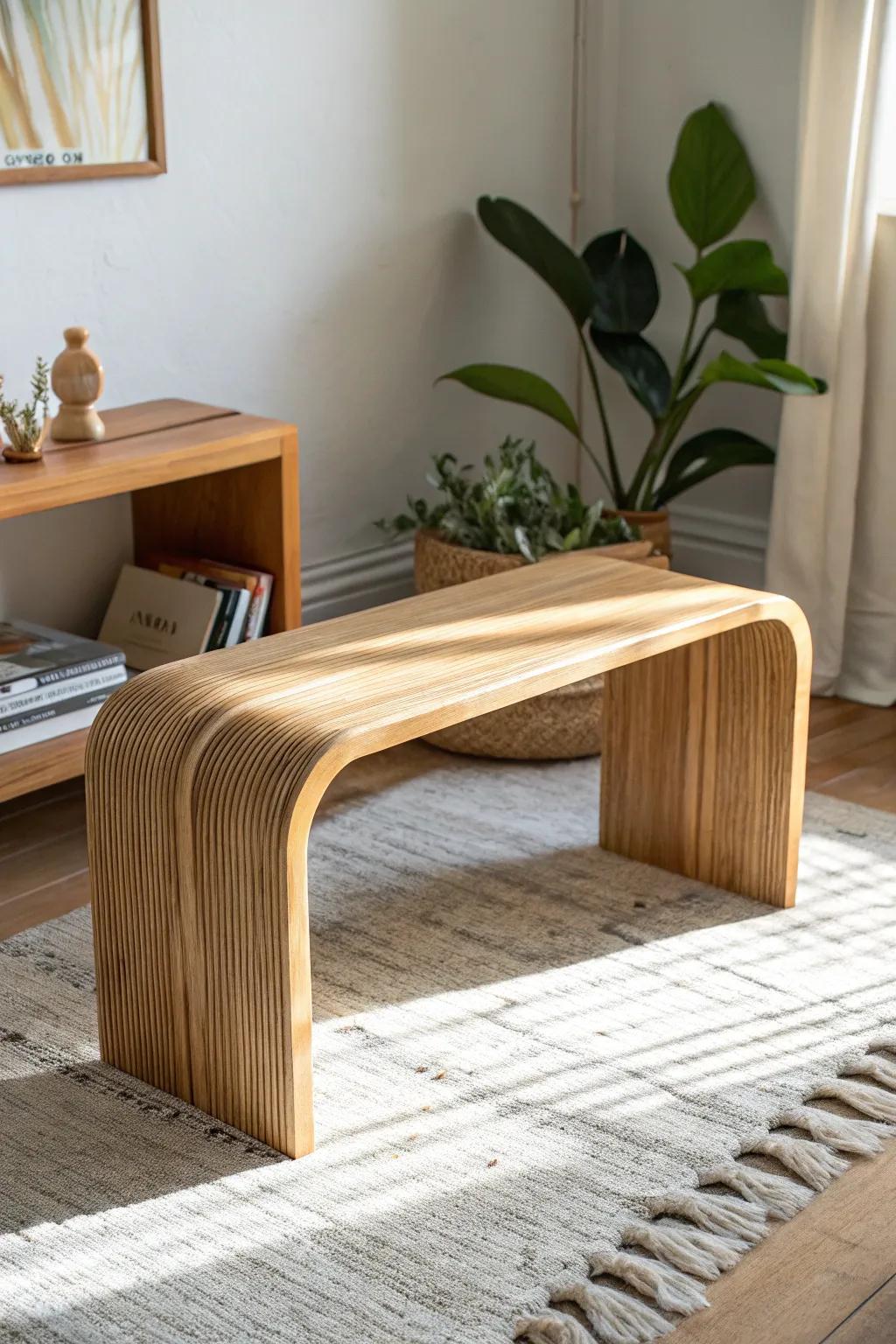 Sleek waterfall-edge plywood bench—modern, warm, and beautifully crafted for the bedroom.