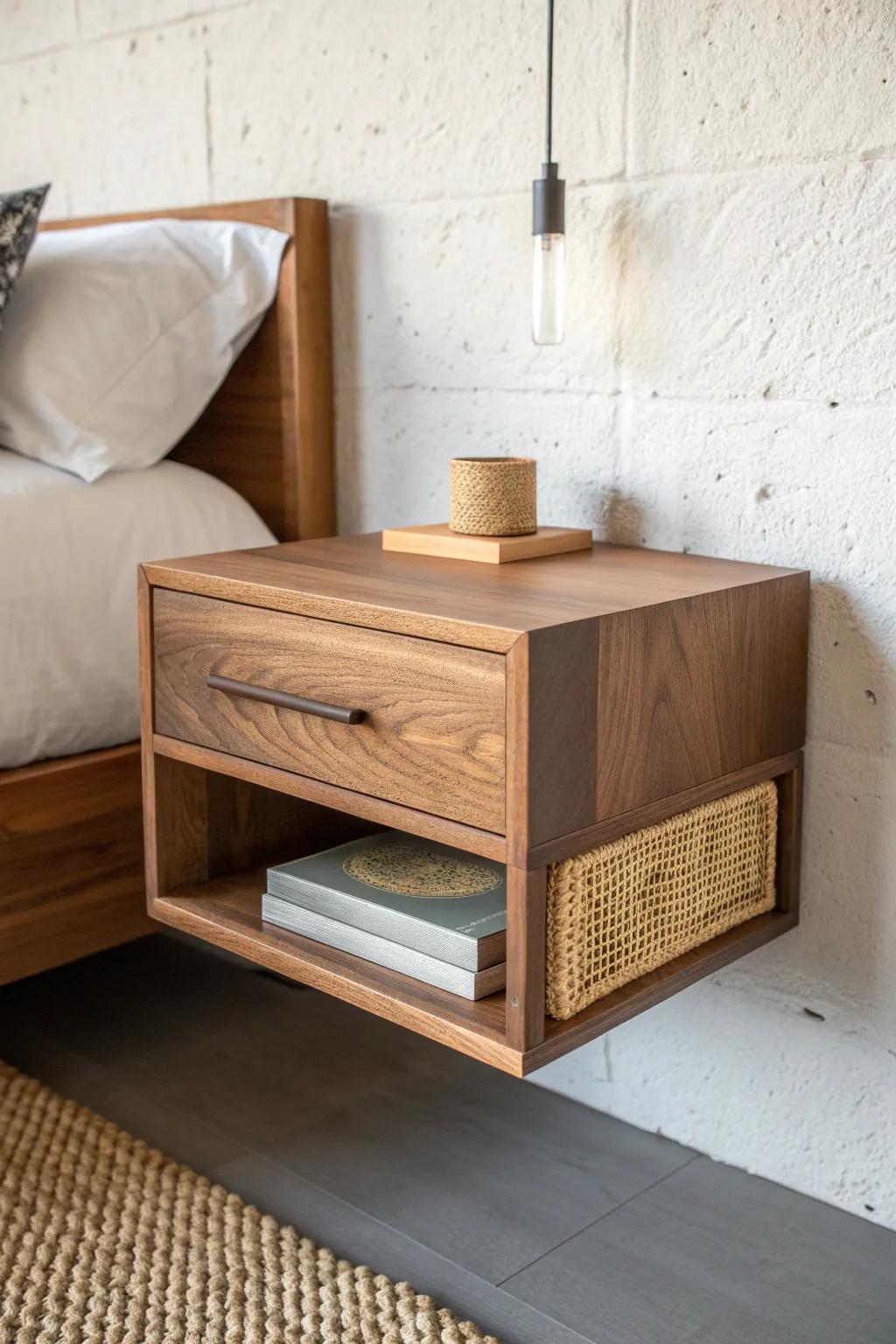 Warm walnut floating nightstand—boxy, minimal, and perfectly modern boho cozy.