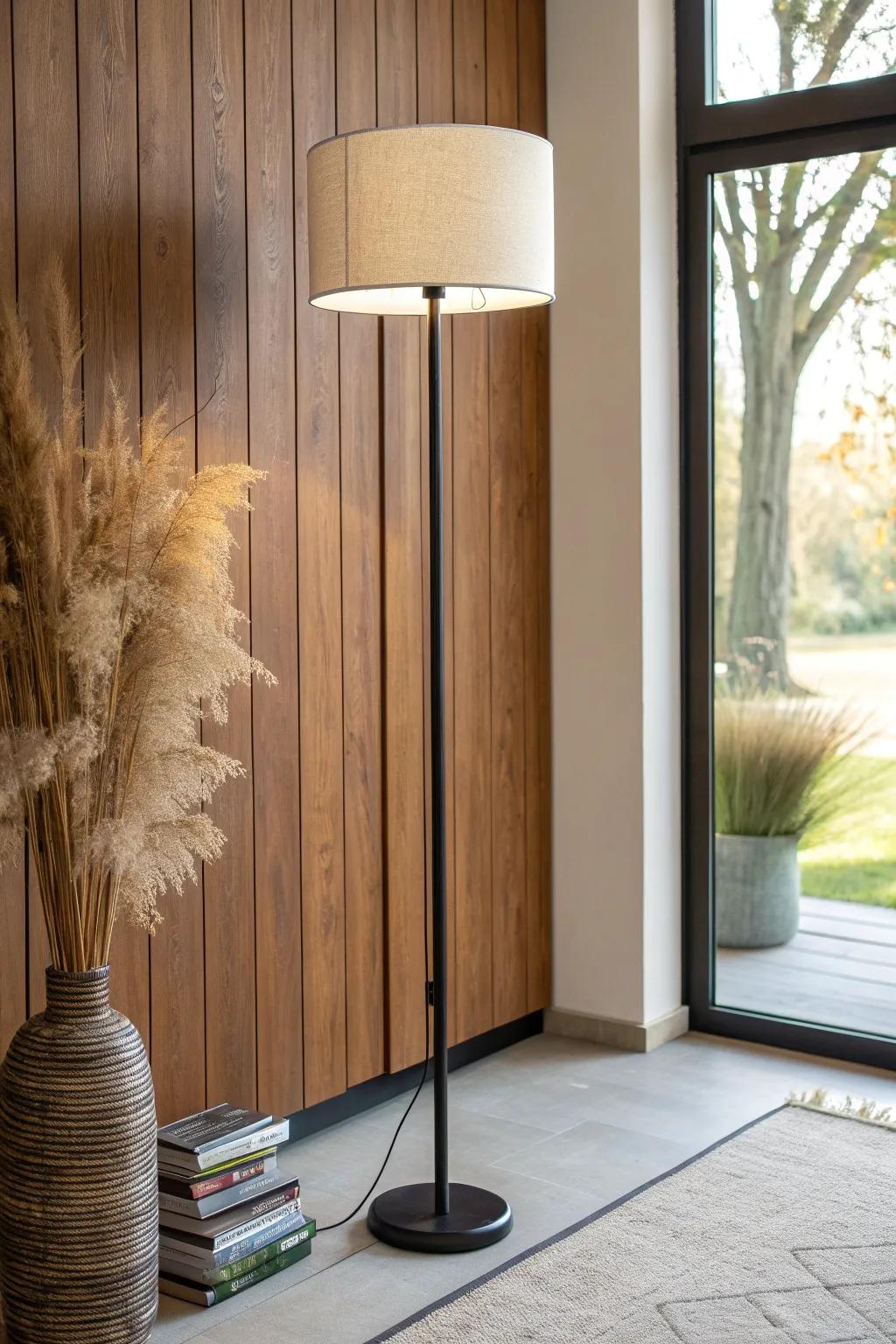 Black metal accents add crisp contrast, making warm brown wood feel modern and architectural.