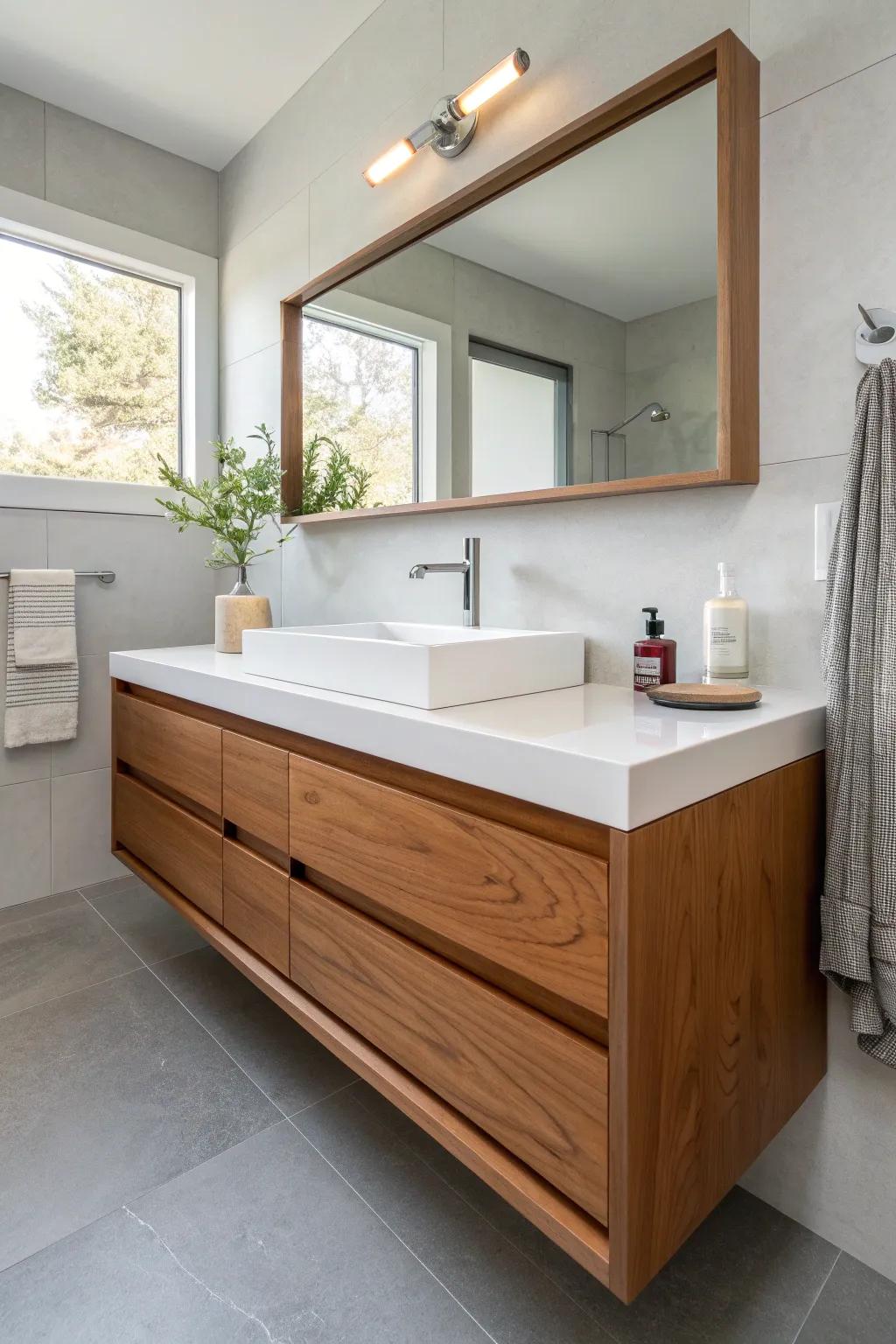 Floating cedar vanity with crisp lines—warm wood, airy space, and effortless modern calm.