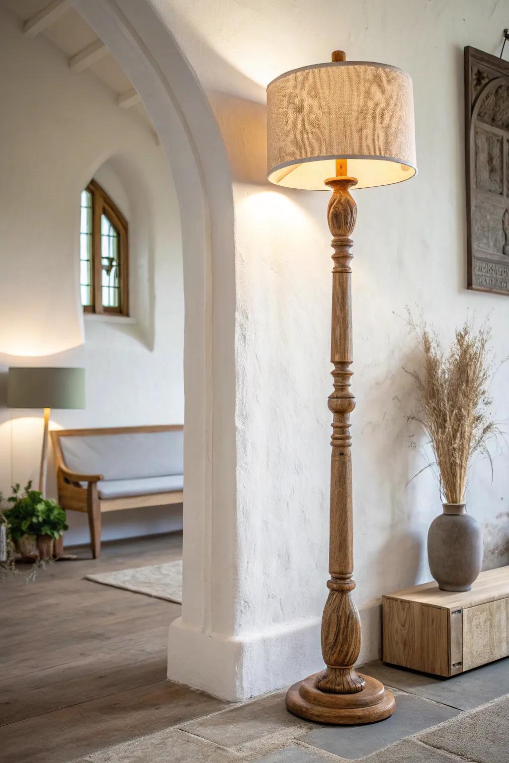 Layer warm lamp light to soften a modern church foyer—minimal, crafted, and inviting.