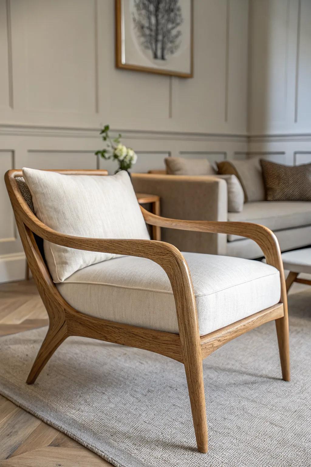 One curved accent chair brings modern softness to classic straight lines—crafted in warm oak.