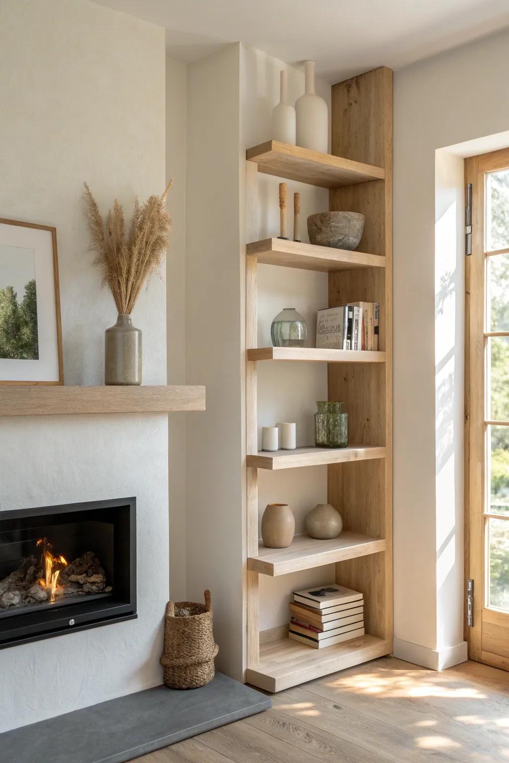 Open shelves soften a corner fireplace—warm oak, neutral ceramics, and wood-toned books.