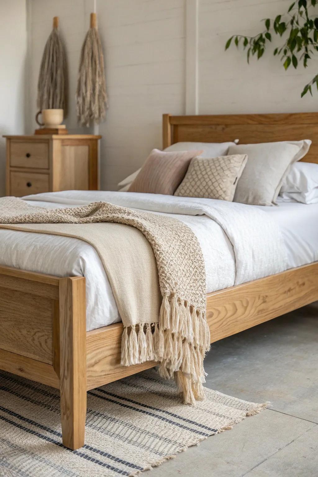 Layer textures, not color—quilt, chunky knit, and linen on a handcrafted oak bed.