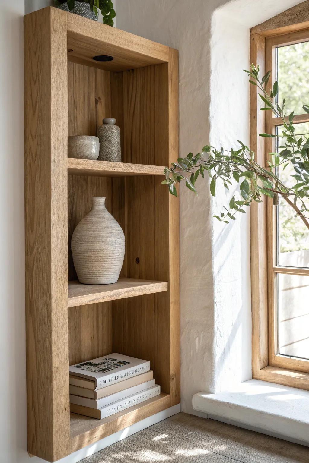 Minimal built-in styling: light oak, a few books, handmade pottery, and one bold green branch.