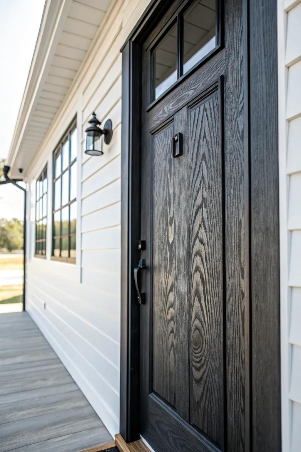 Bright white siding and a matte-black handcrafted wood door create timeless modern farmhouse contrast.