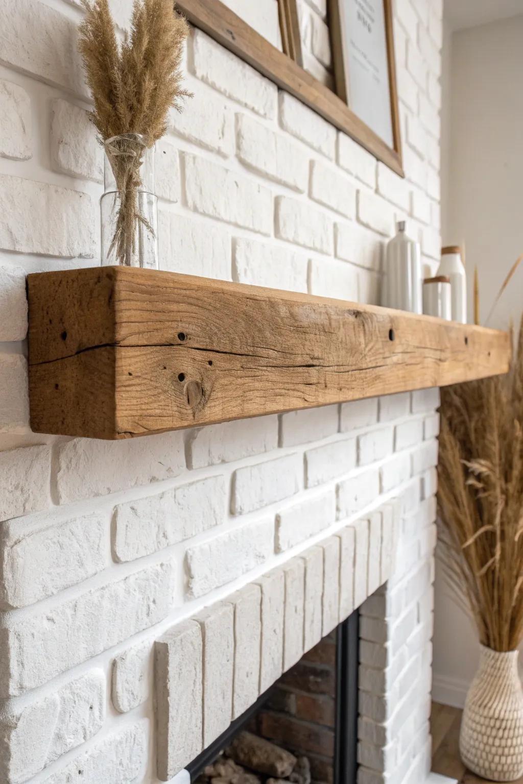 Clean-lined floating oak beam mantel—modern farmhouse warmth with timeless craft.
