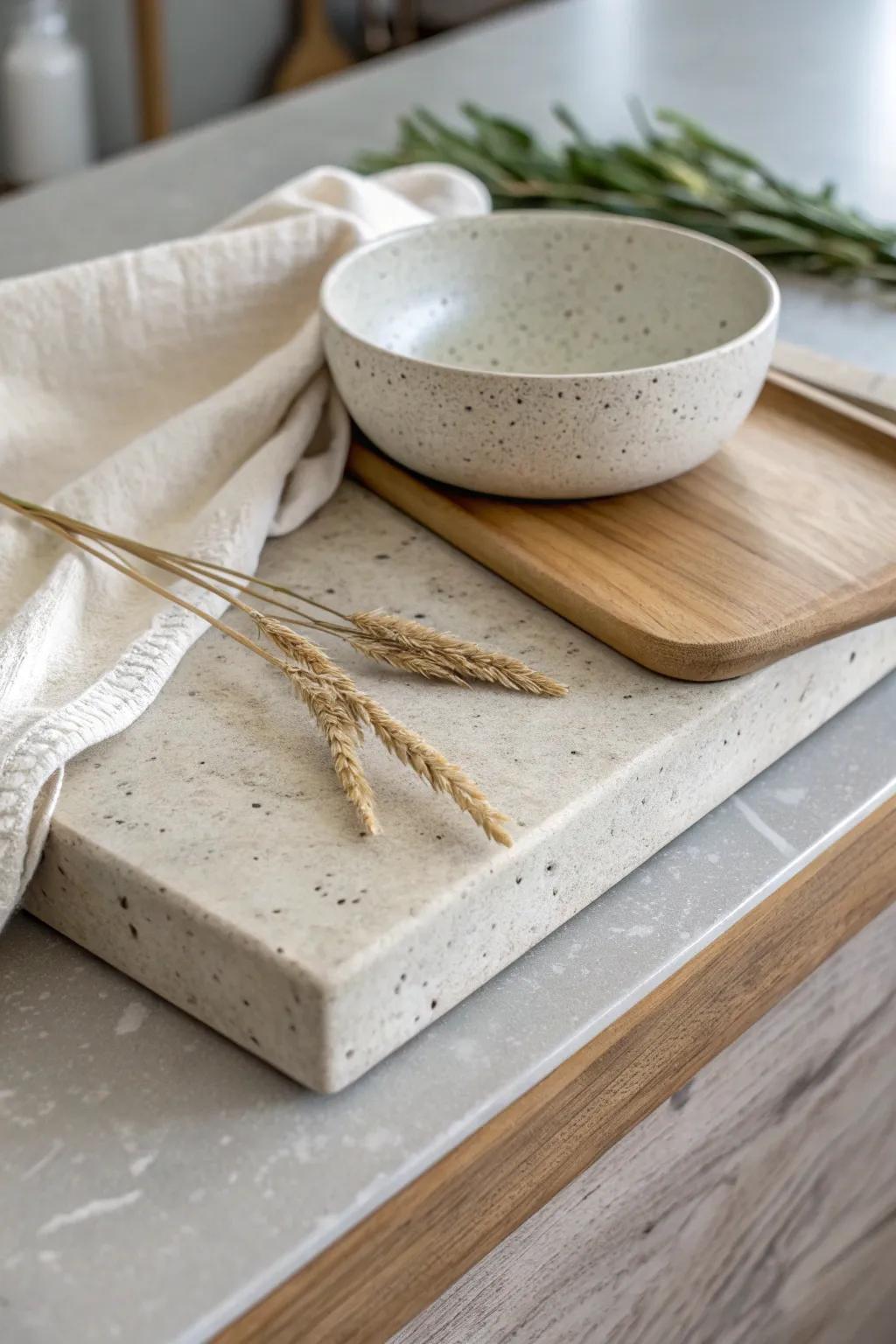 Concrete countertop texture meets soft white styling—modern farmhouse with warm, natural calm.