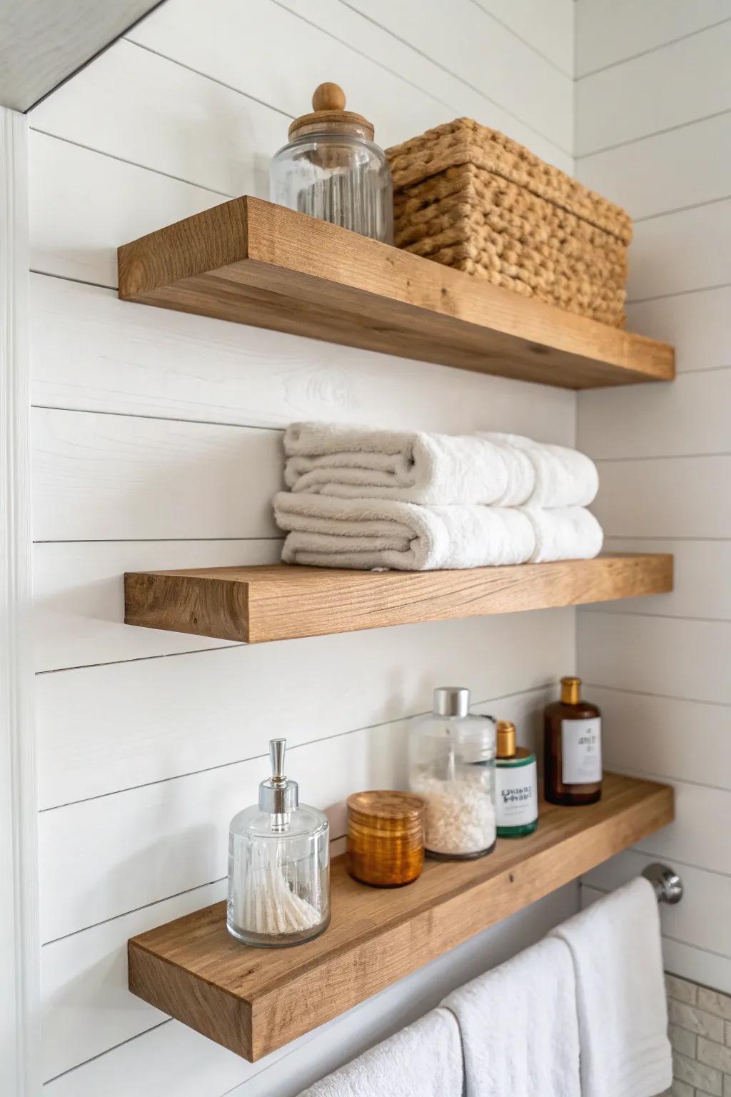 Modern farmhouse calm: floating oak shelves for towels and jars, sealed to handle bathroom humidity.