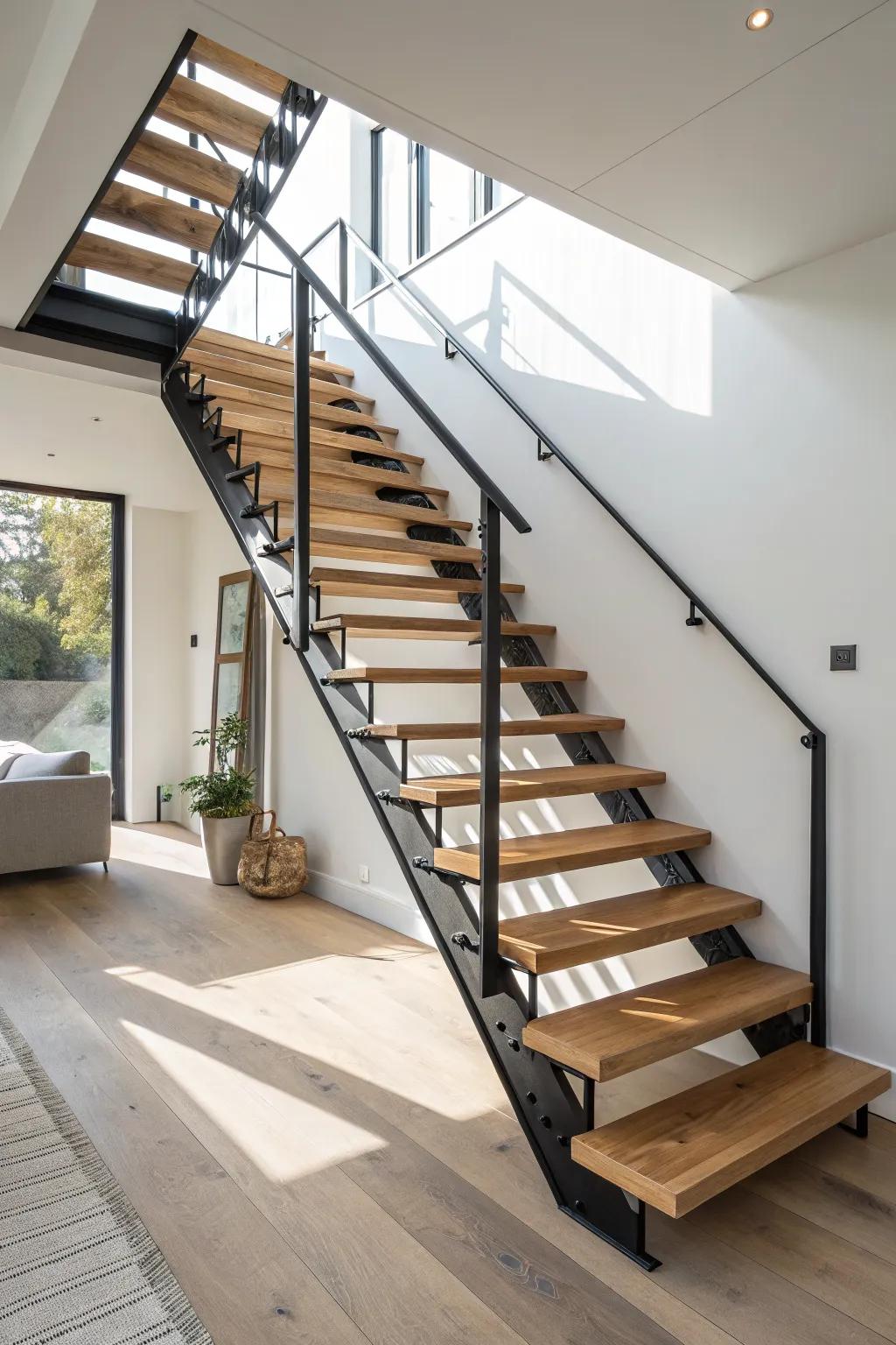 Zigzag stringer geometry: sharp modern angles with warm oak treads for airy floating style.