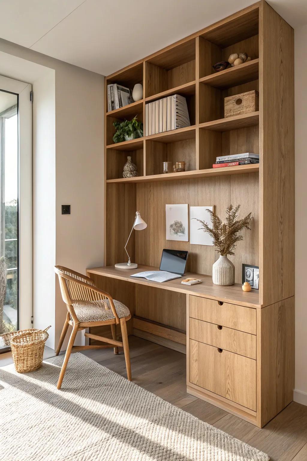 A calm built-in oak desk nestled into shelving—minimal, warm, and made for focused work.