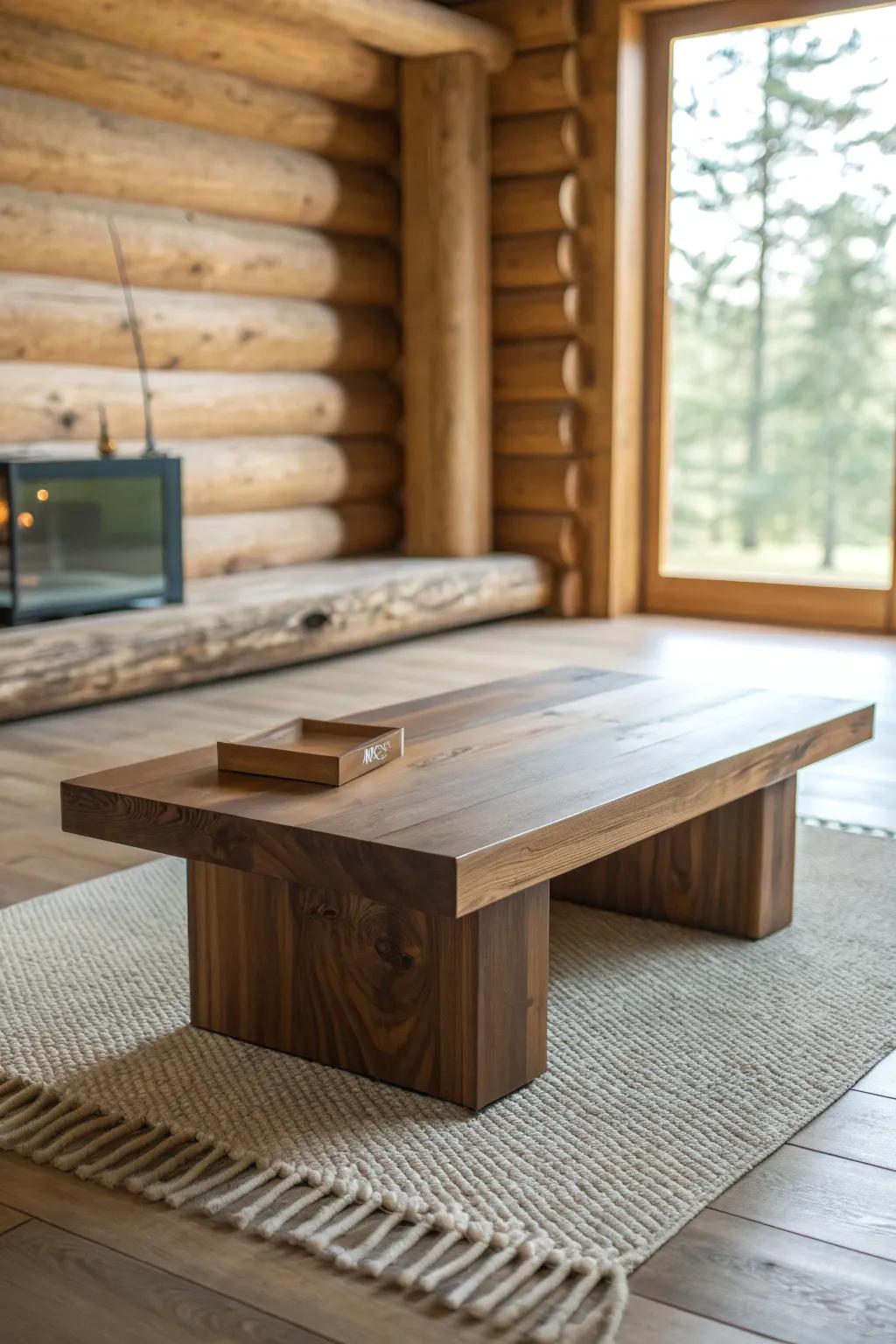 Low and modern: a chunky-grain coffee table that lets the log cabin shine.