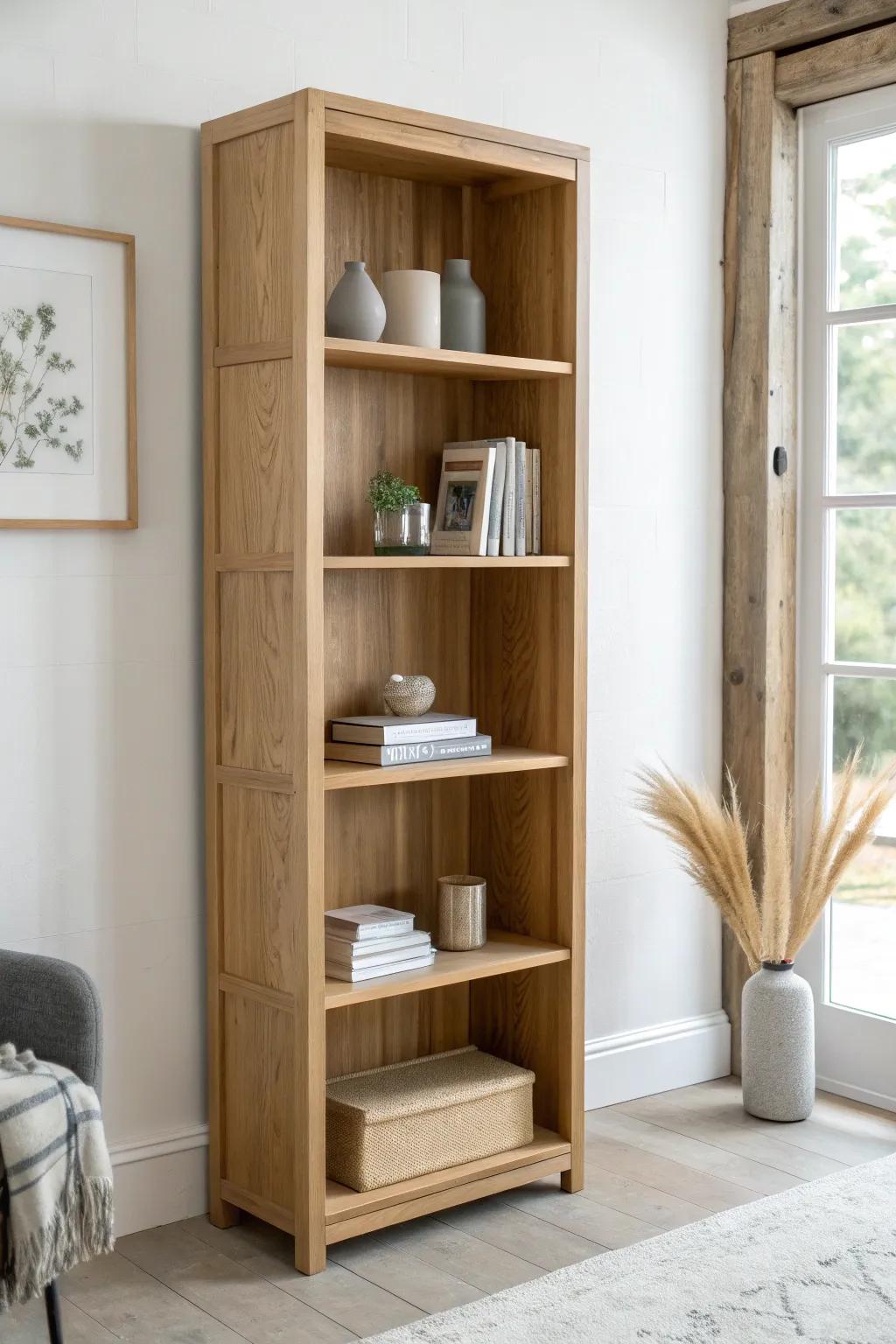 Open-back oak bookcase: airy storage with clean geometry and handcrafted warmth.