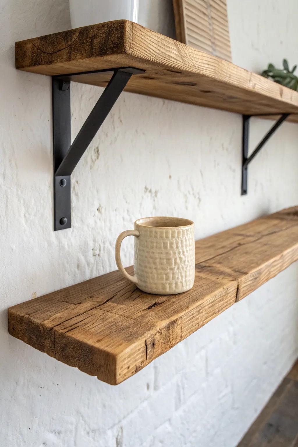 Chunky reclaimed wood shelf + slim black brackets—an easy modern-industrial open shelving win.