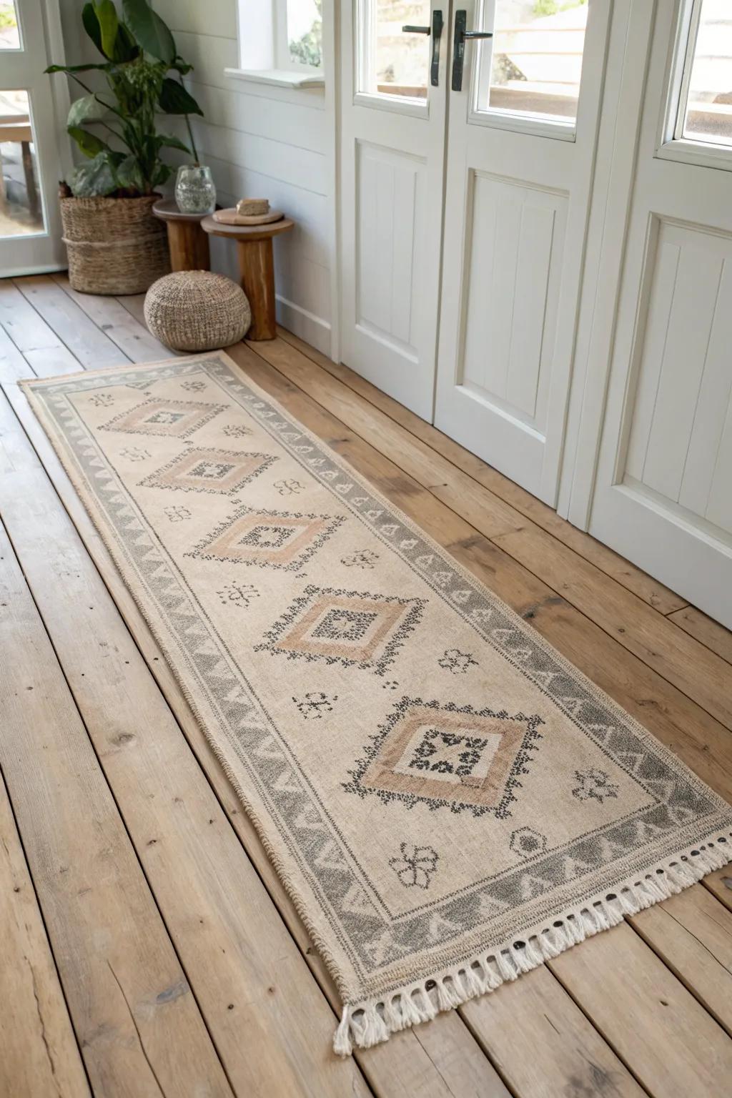 Muted vintage runner on warm oak—low pile, high style, built for busy entryways.