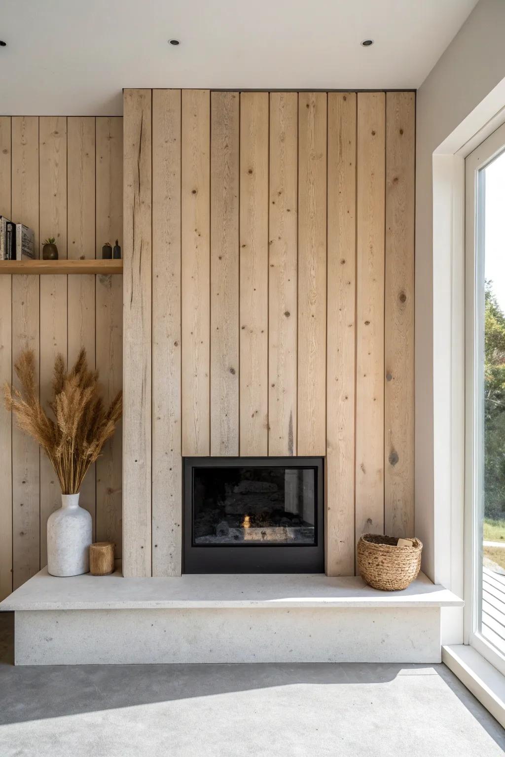 Vertical shiplap elevates this modern rustic fireplace—calm lines, warm wood grain, soft light.