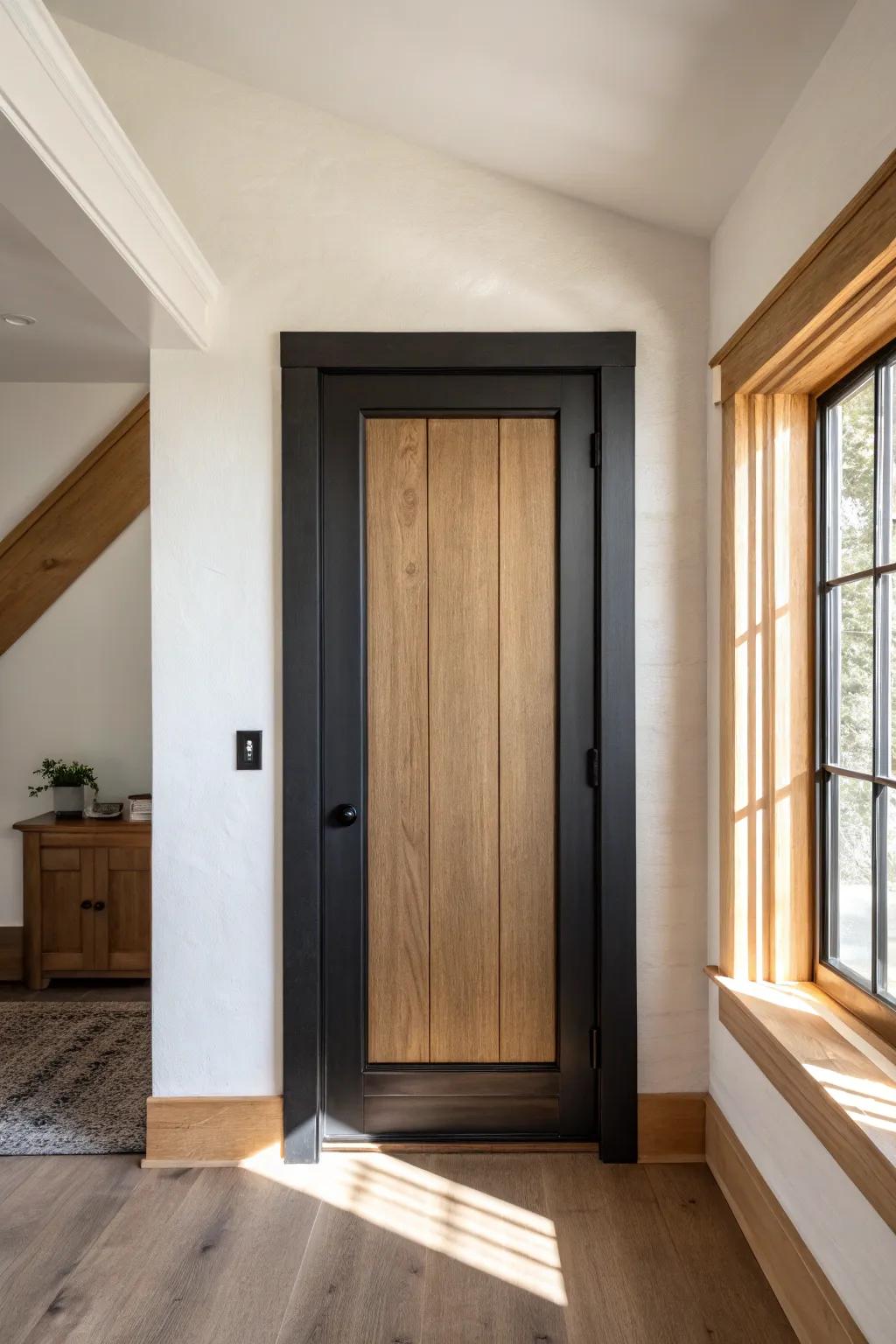 High-contrast charcoal trim turns a simple doorway into a bold, modern architectural frame.