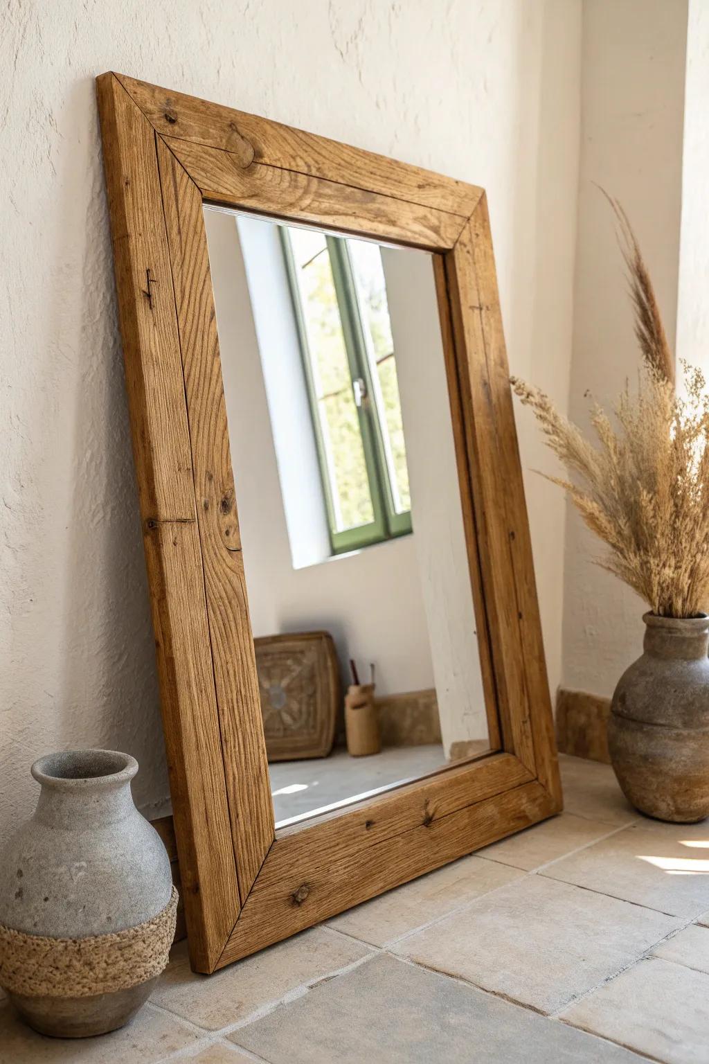 Chunky reclaimed-wood mirror frame for a modern Tuscan bathroom—warm, simple, timeless.