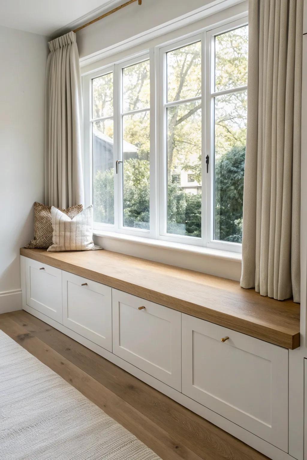 Sleek handleless window seat cabinetry with push-latch doors for a clean, modern look.