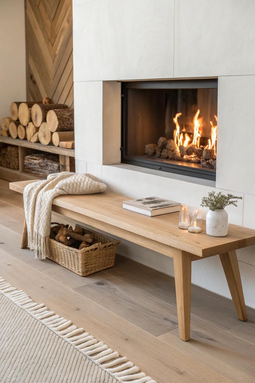 A low oak hearth bench that turns a modern wood fireplace into a calm, cozy hangout spot.