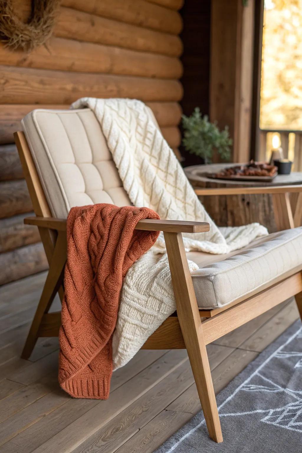 Layered quilts and chunky knits on a handcrafted oak chair—instant cabin coziness.