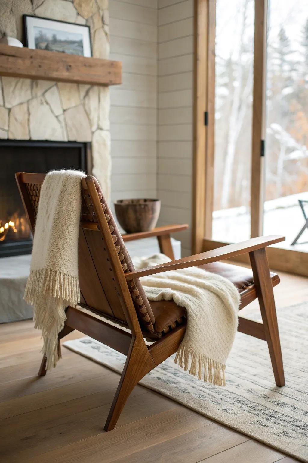 Warm walnut + cognac leather + chunky wool throw—mountain contrast with cozy, minimal style.