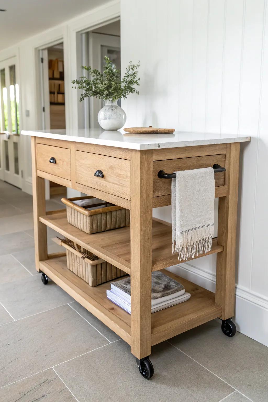 A slim rolling oak island that glides into galley kitchens—extra prep space without crowding.