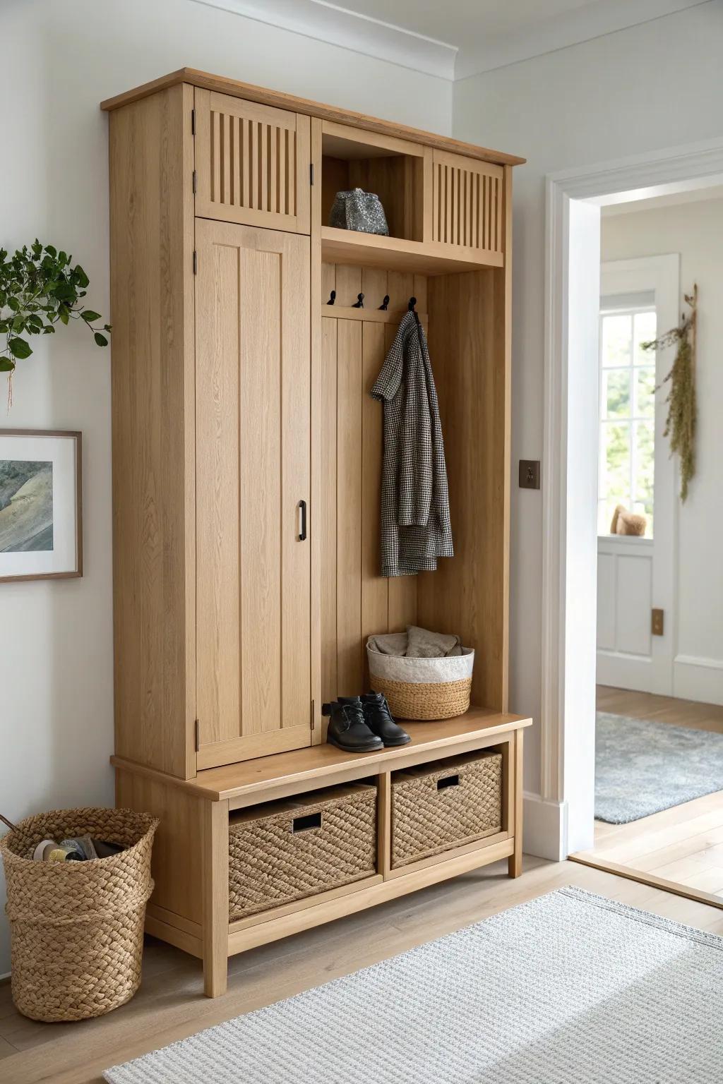 Slim oak mudroom cabinet with bench ledge—big storage for narrow entryways, minimal and warm.