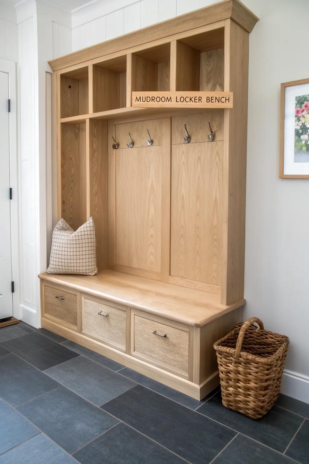 A full-wall locker bench in warm oak—labeled cubbies that turn busy mornings calm.