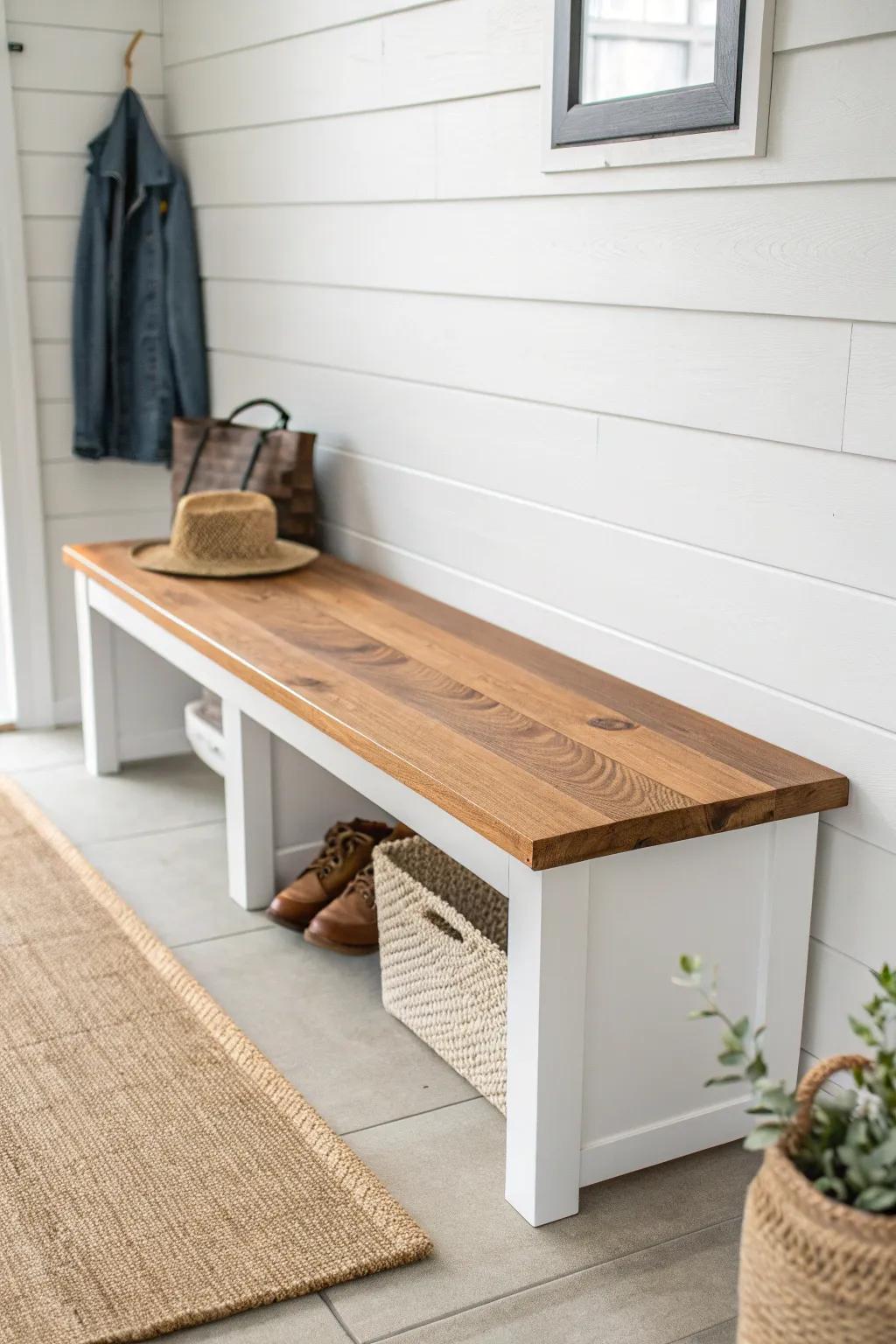 Two-tone mudroom bench: crisp painted base with a warm stained wood top for cozy contrast.