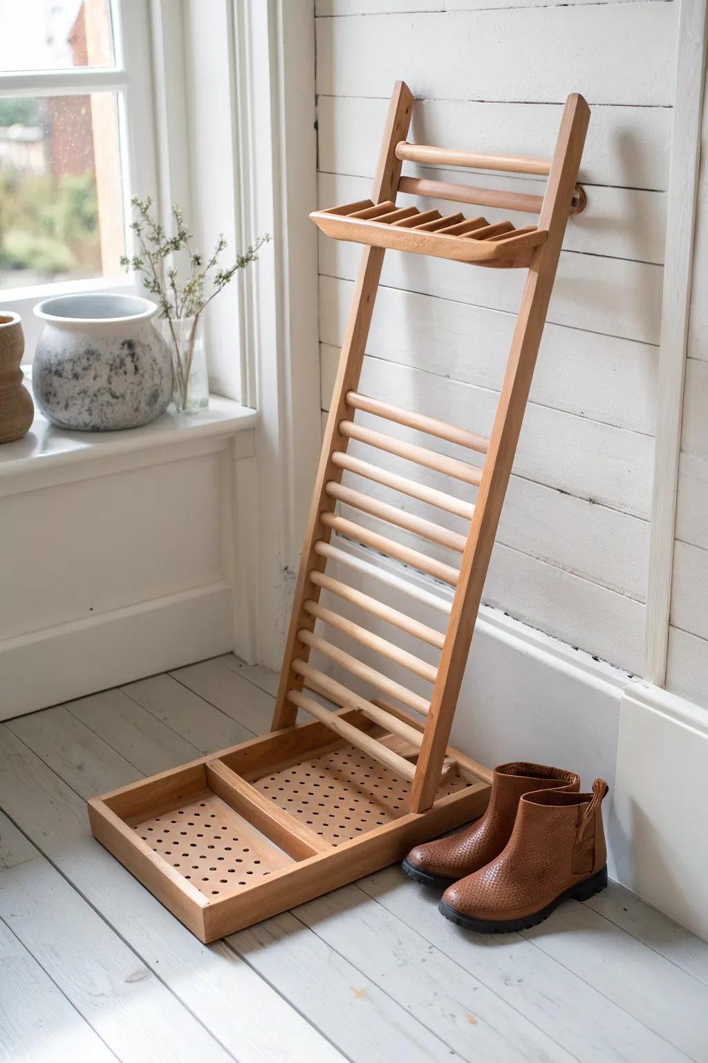 A slatted wood boot rack with a removable tray keeps muddy drips contained and boots drying fast.