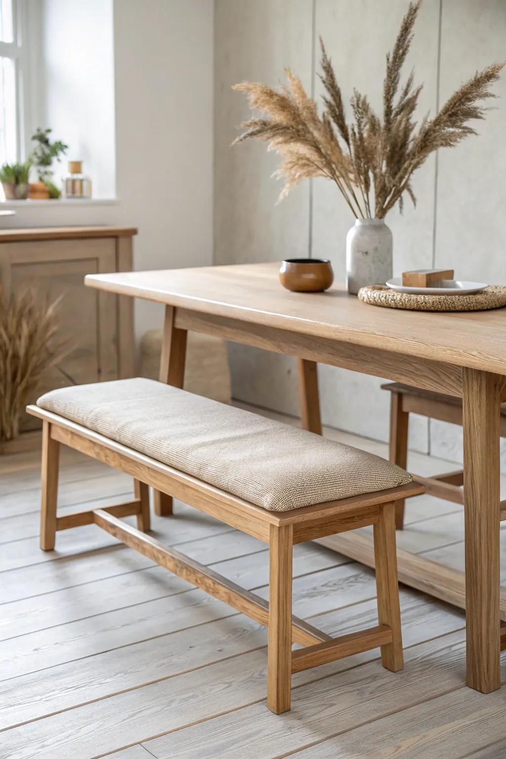 One oak bench, endless layouts—slide it in for dinner, shift it out for homework in minutes.