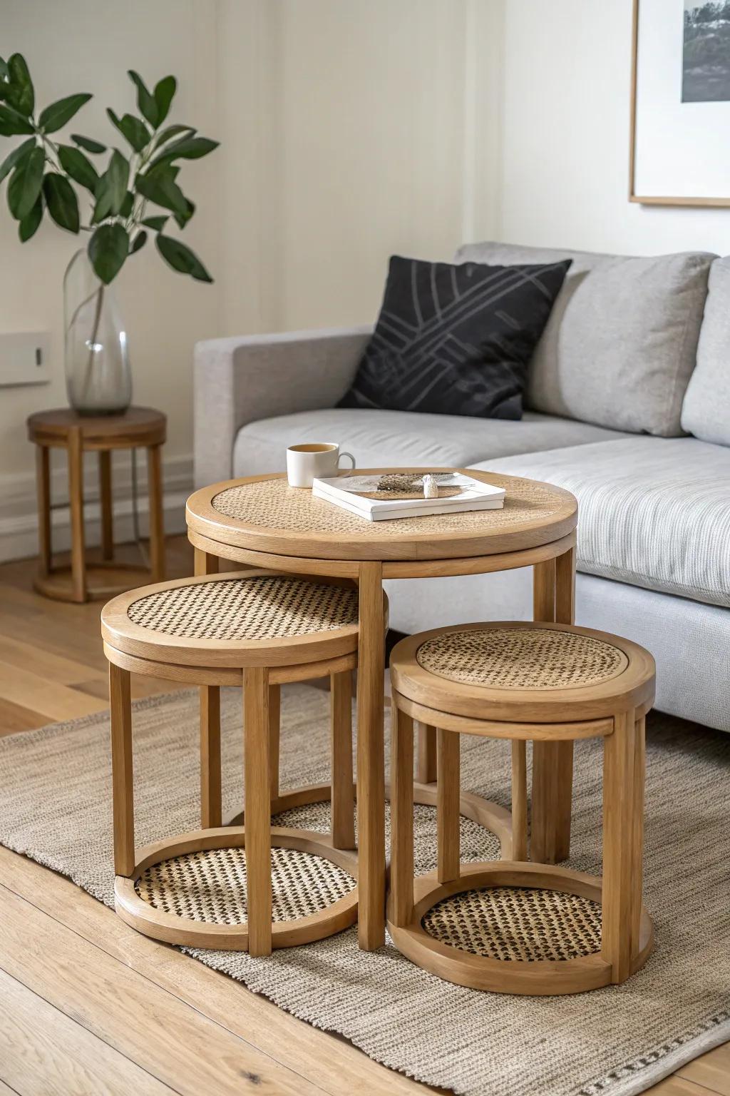 Space-saving nesting tables with hidden stools—minimal warm oak craftsmanship for easy hosting.