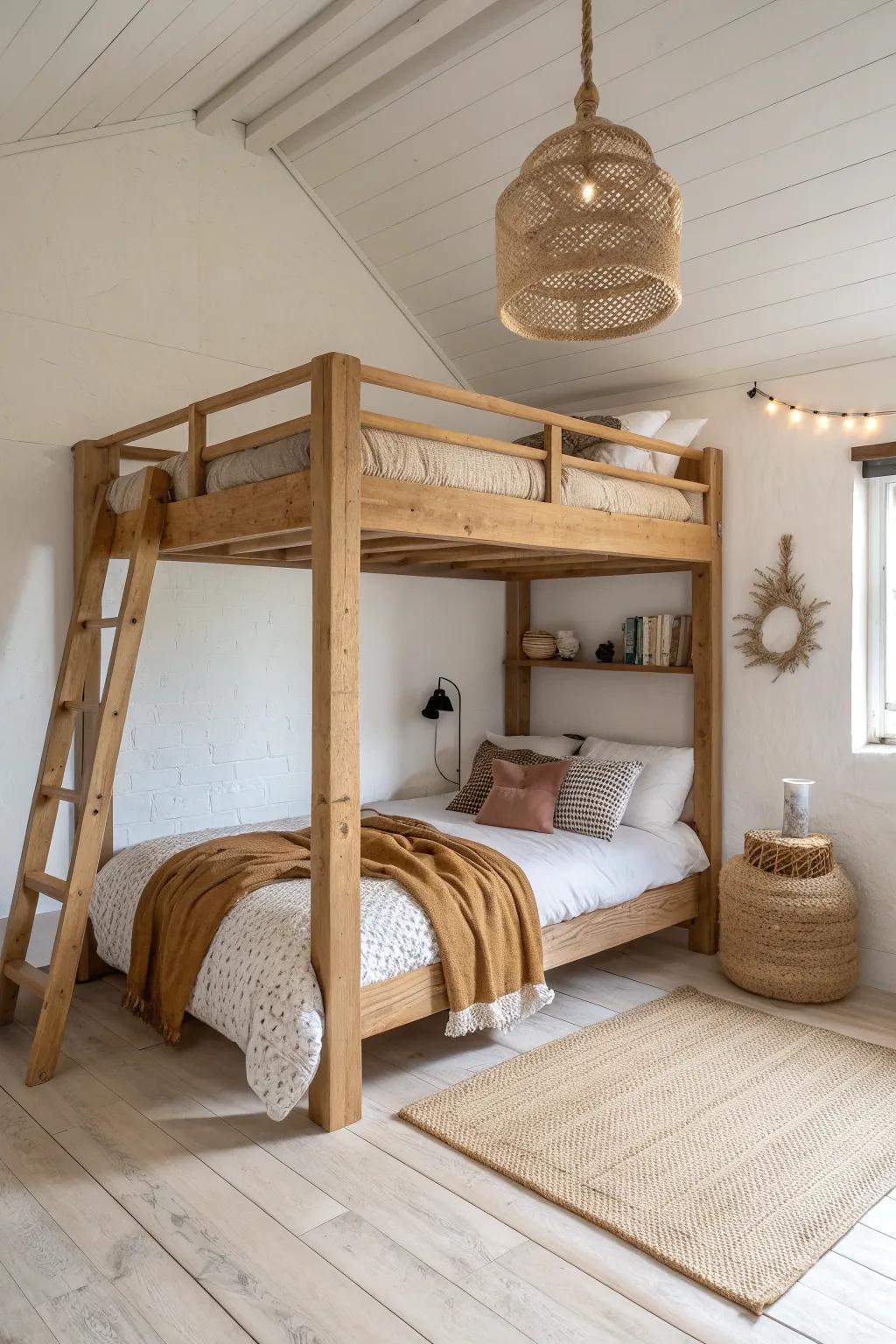 A timber loft above a cozy twin nook—two beds, airy Scandinavian calm with boho warmth.
