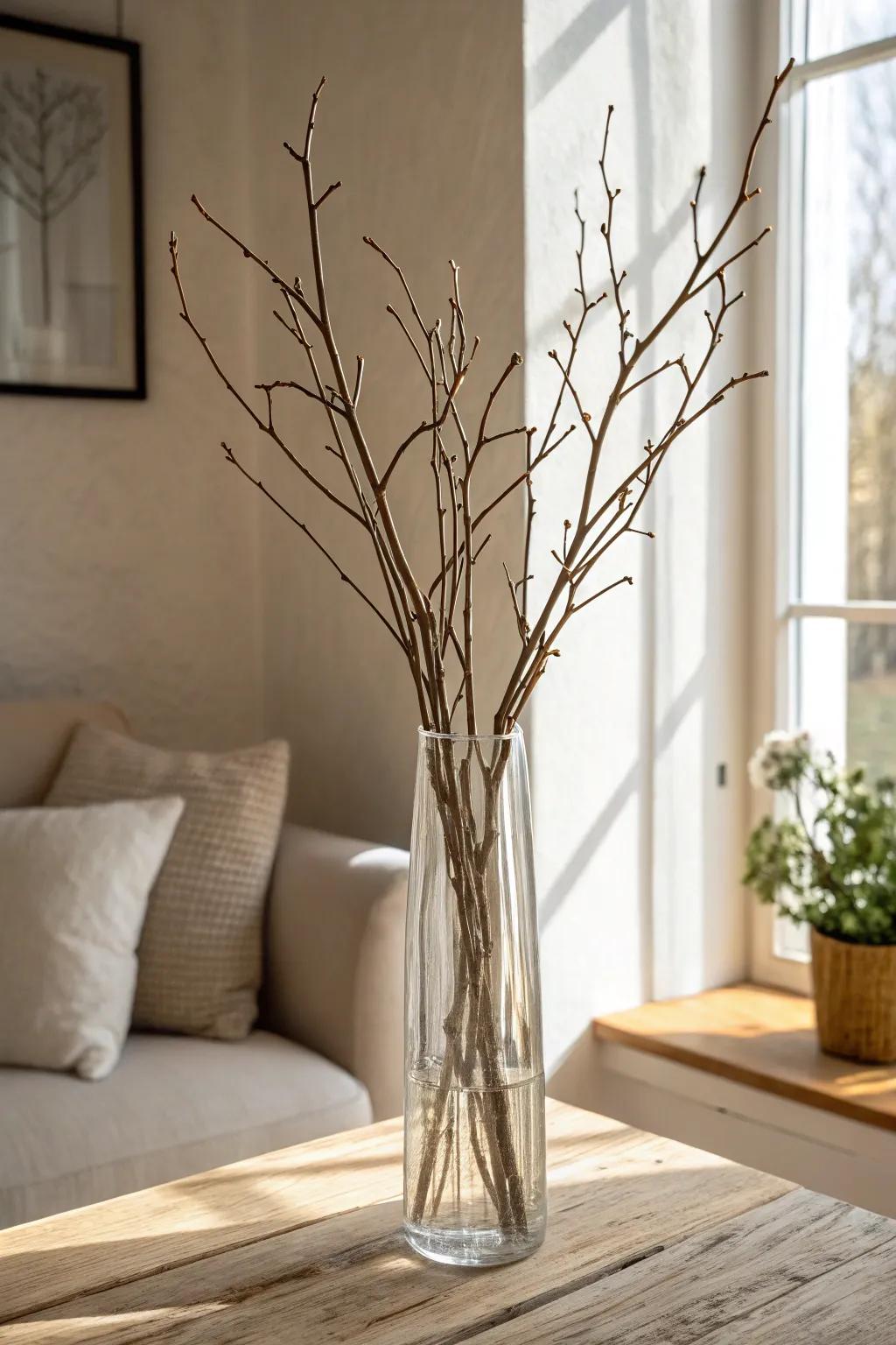 Fresh-cut bare branches in a tall vase—minimal, sculptural, and effortlessly woodland chic.
