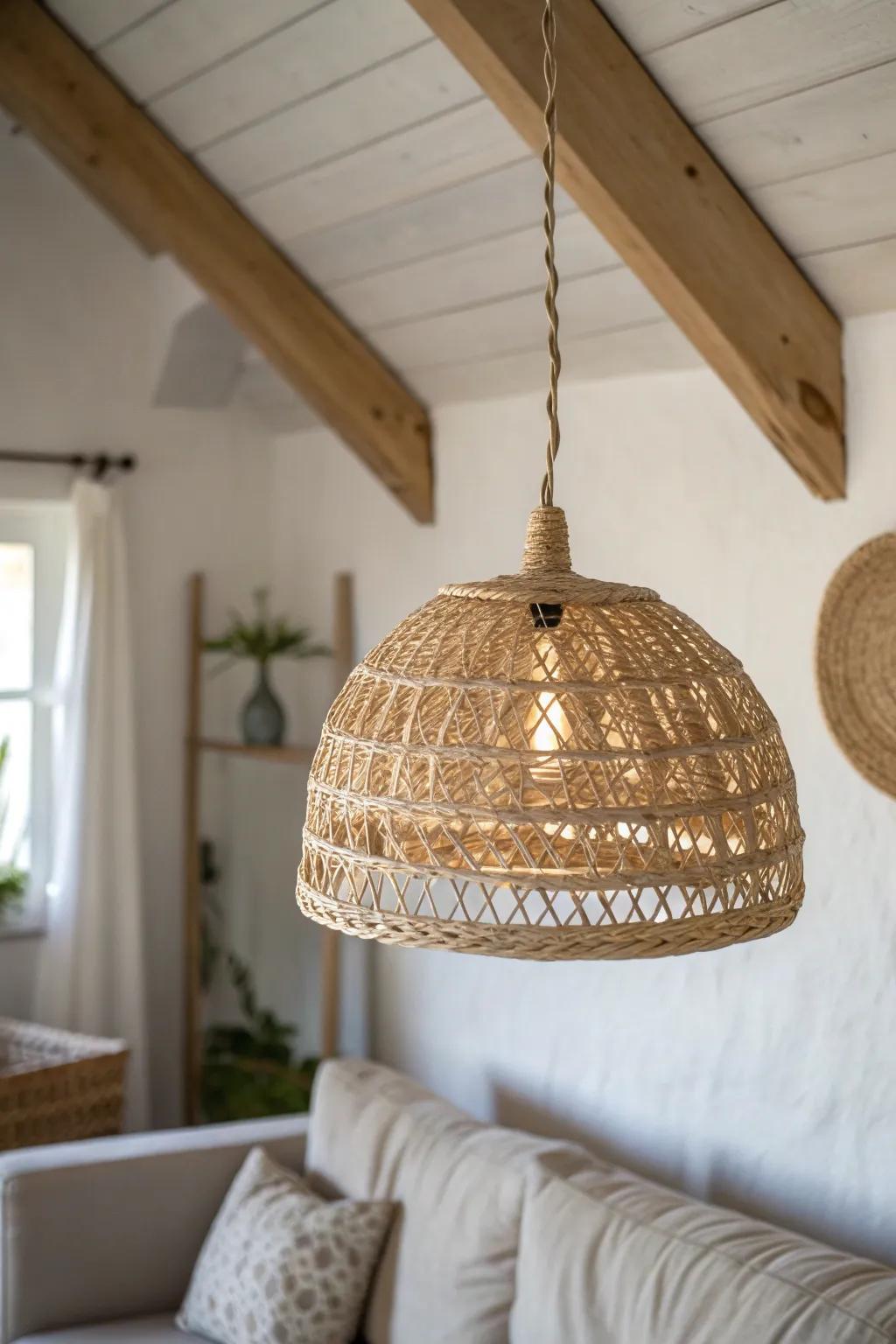 A woven pendant shade adds warm, cozy shadows—softening your living room in seconds.