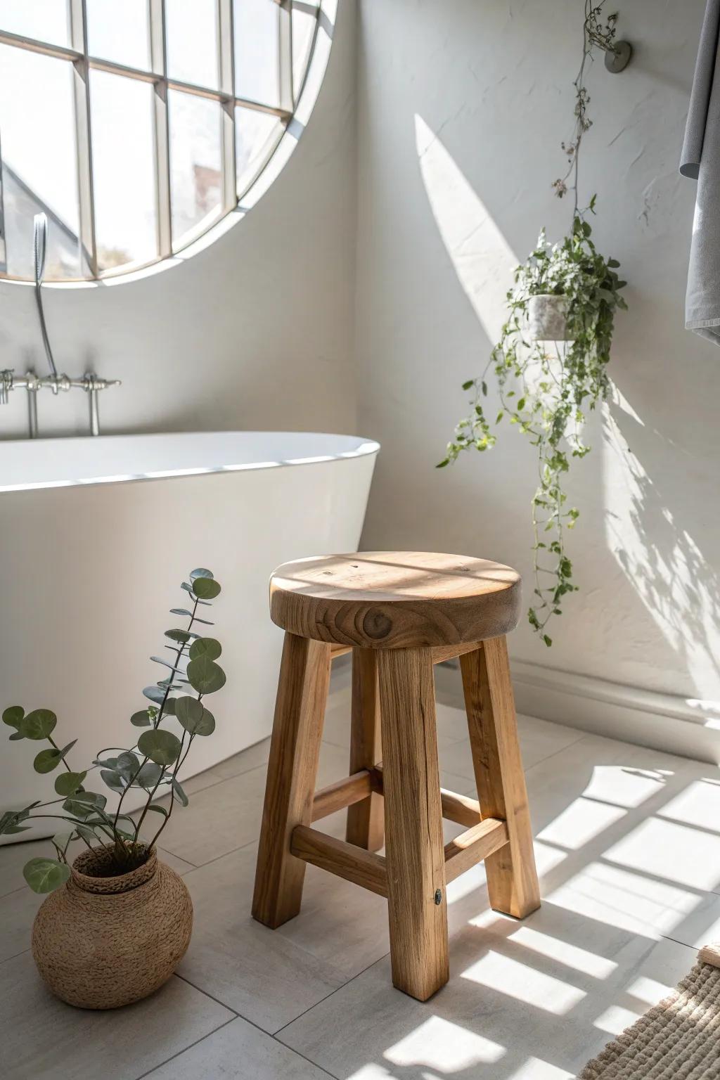 A sun tunnel spotlight makes oak grain and greenery glow—instant outdoor-in bathroom calm.