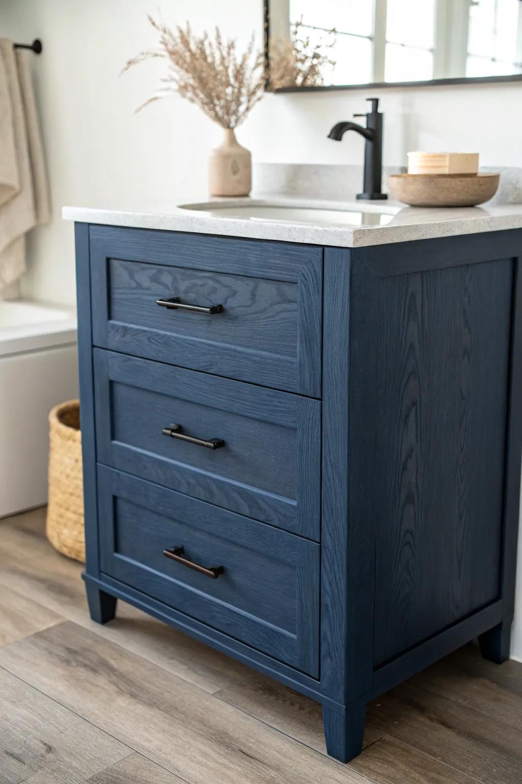 Navy vanity with sleek black accents—minimal, modern, and beautifully crafted.